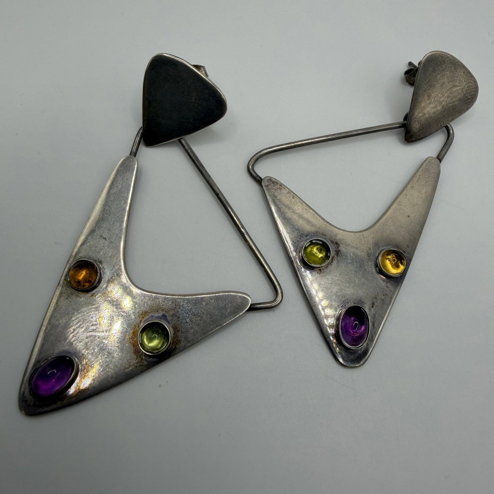 Modernist Dangle Sterling Silver Earrings Triangular Colorful Glass Cabochons