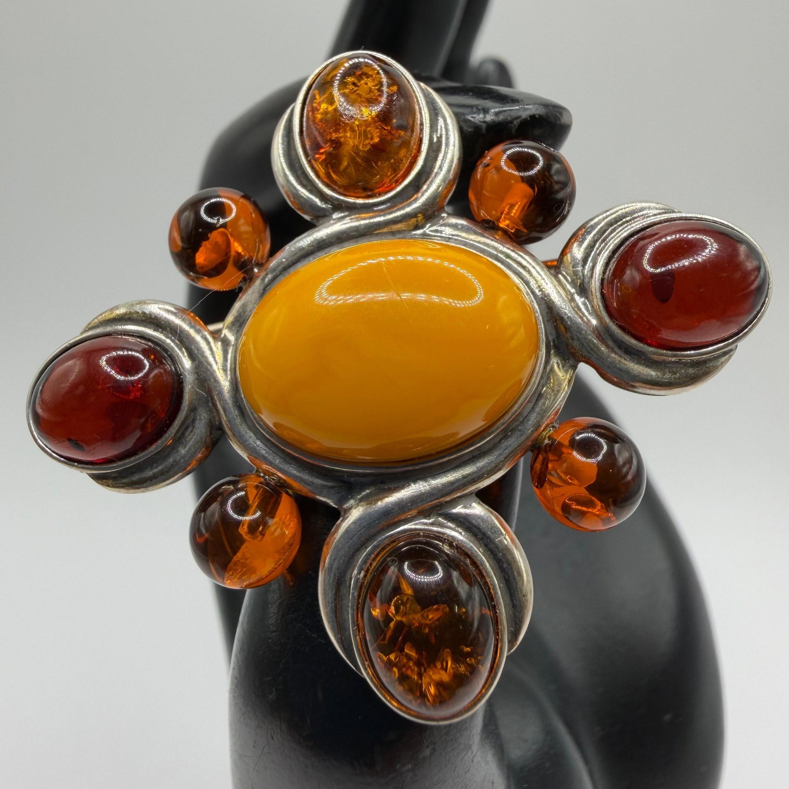 Sterling Silver Brooch Central Butterscotch and Cognac Amber Accent Settings