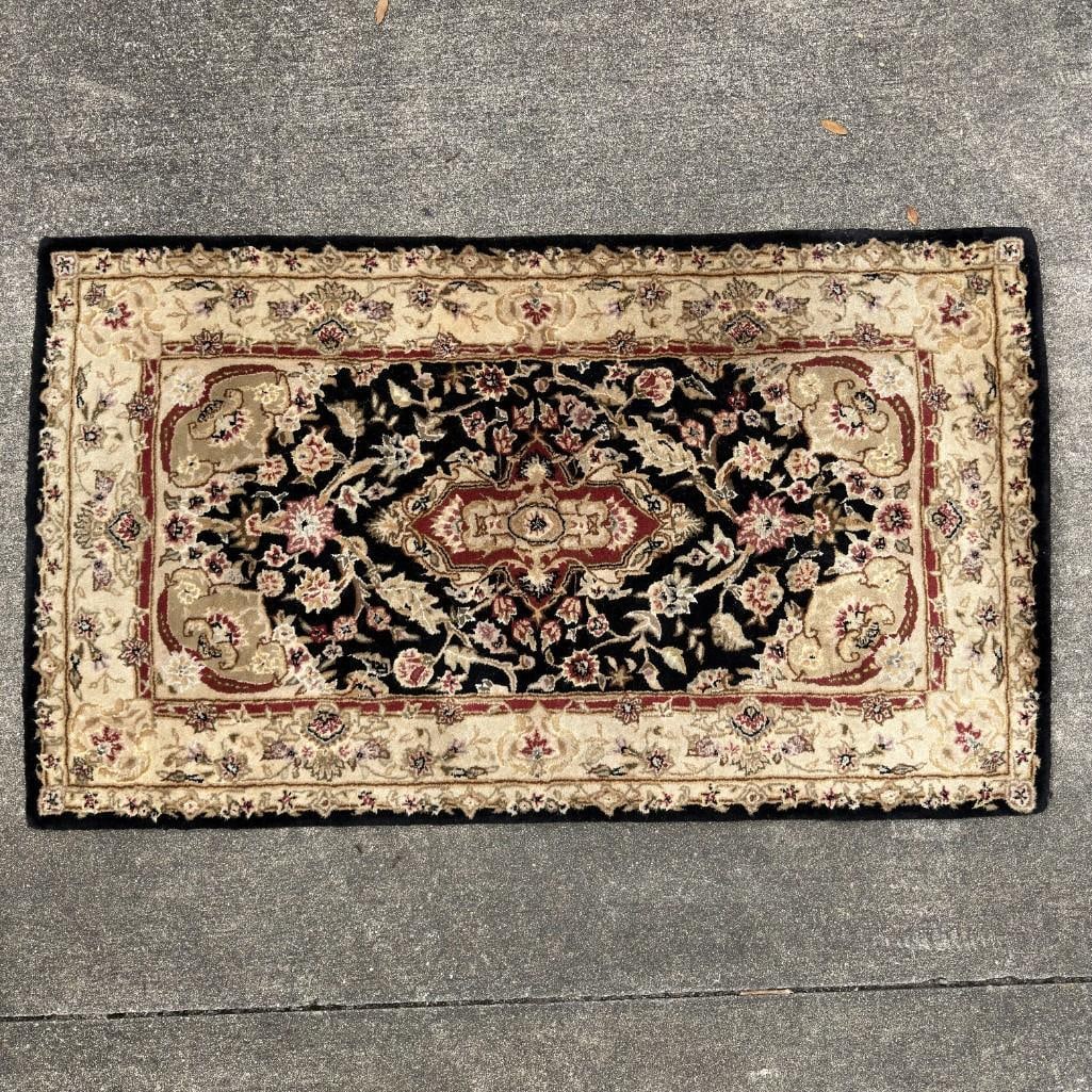 Black Nourison 2000 New Zealand Wool Floral Accent Rug Stained: Nourison 2000 Collection accent rug featuring a traditional floral medallion design in black, ivory, burgundy, tan, and muted green tones. Label identifies pattern 2028 BLK, size 2'6" x 4'