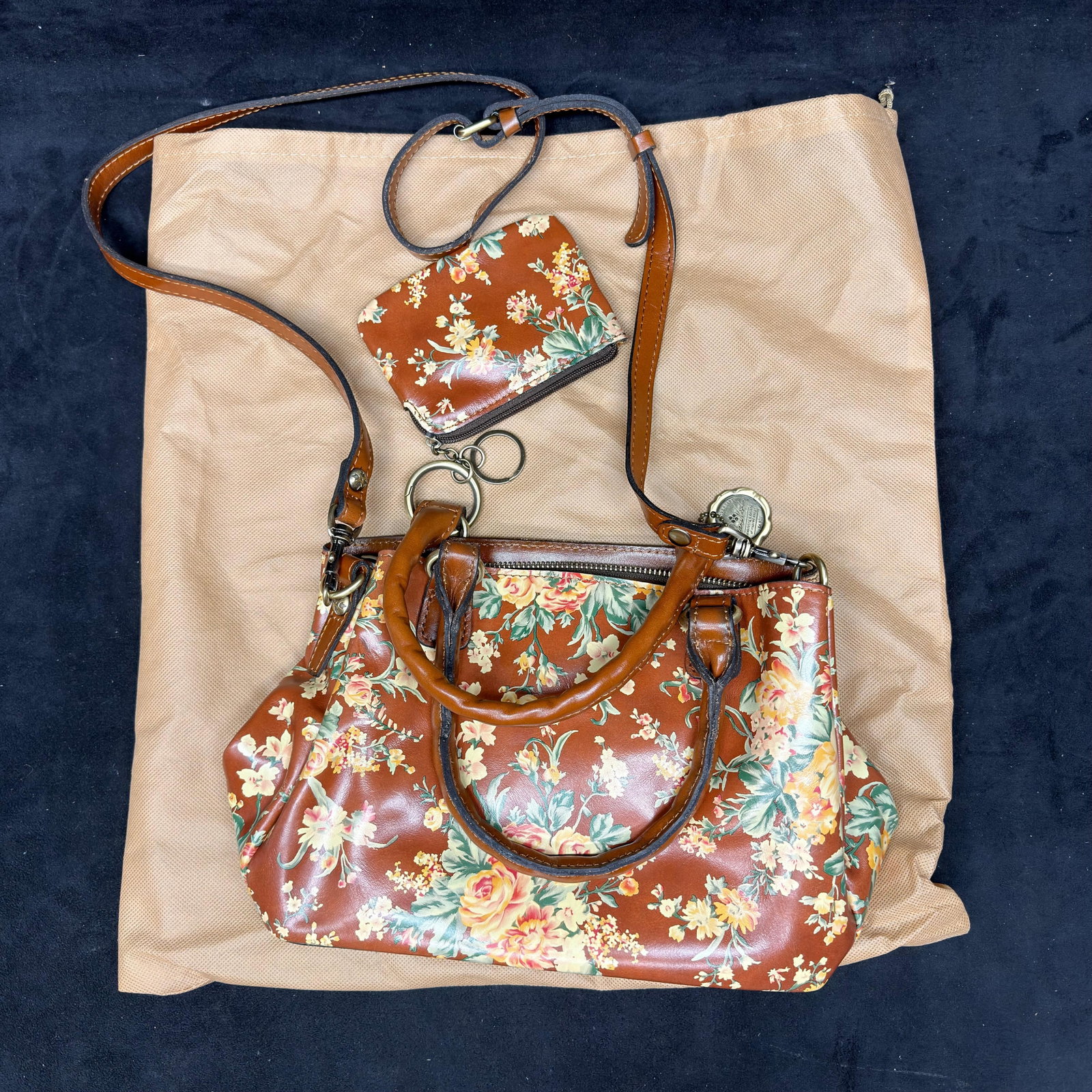 Patricia Nash Floral Leather Satchel Crossbody Handbag Zip Coin Purse: Patricia Nash genuine leather satchel handbag featuring a brown floral print, dual rolled leather handles, removable/adjustable shoulder strap, zip-top closure, brass-tone hardware, and protective met