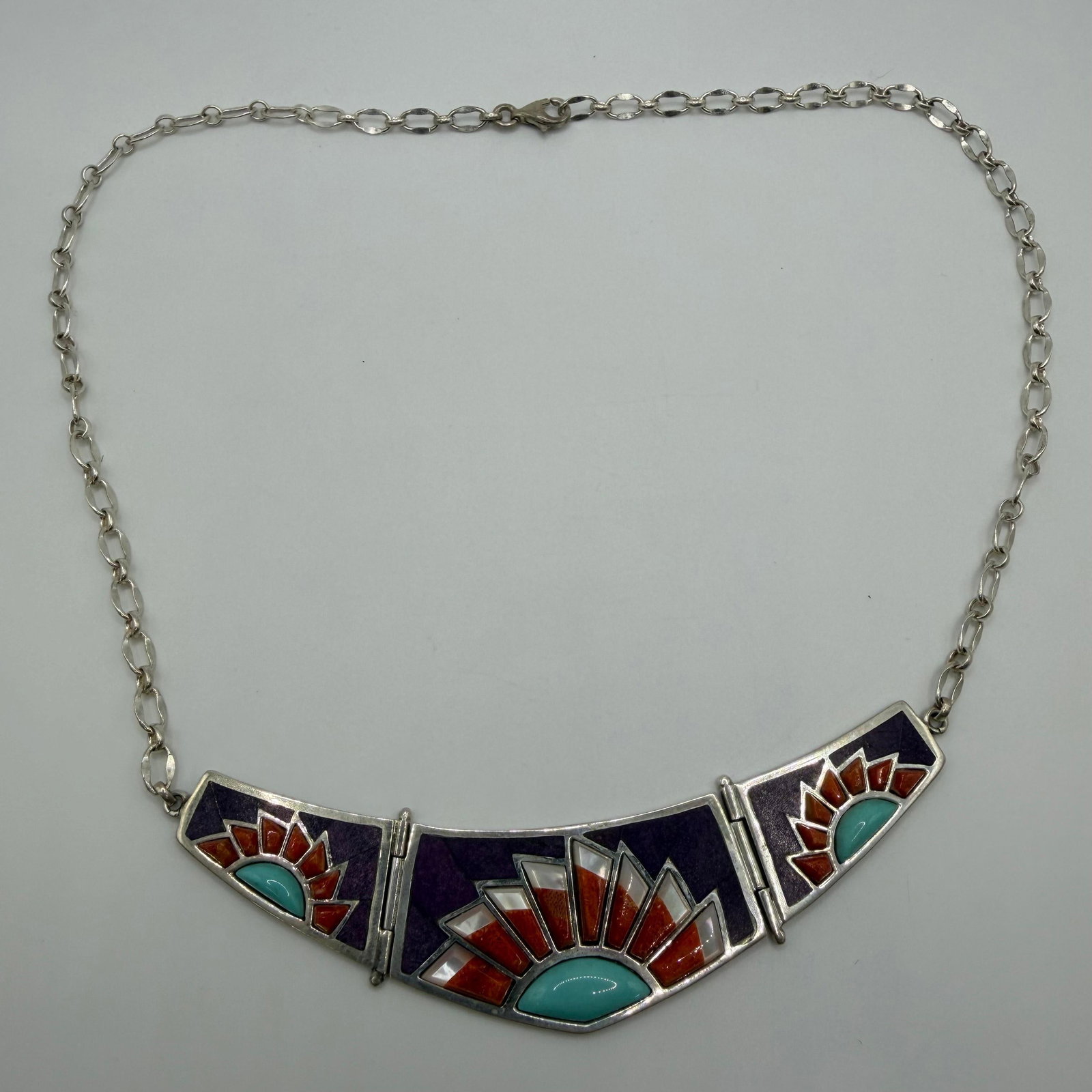 Jay King Desert Rose Trading Zuni Style Stone Inlay Sterling Silver Necklace: This item is in pre-owned, previously used/displayed condition with noticeable light wear and surface scratches. Please reference all photos for full details. This piece of jewelry has been tested and