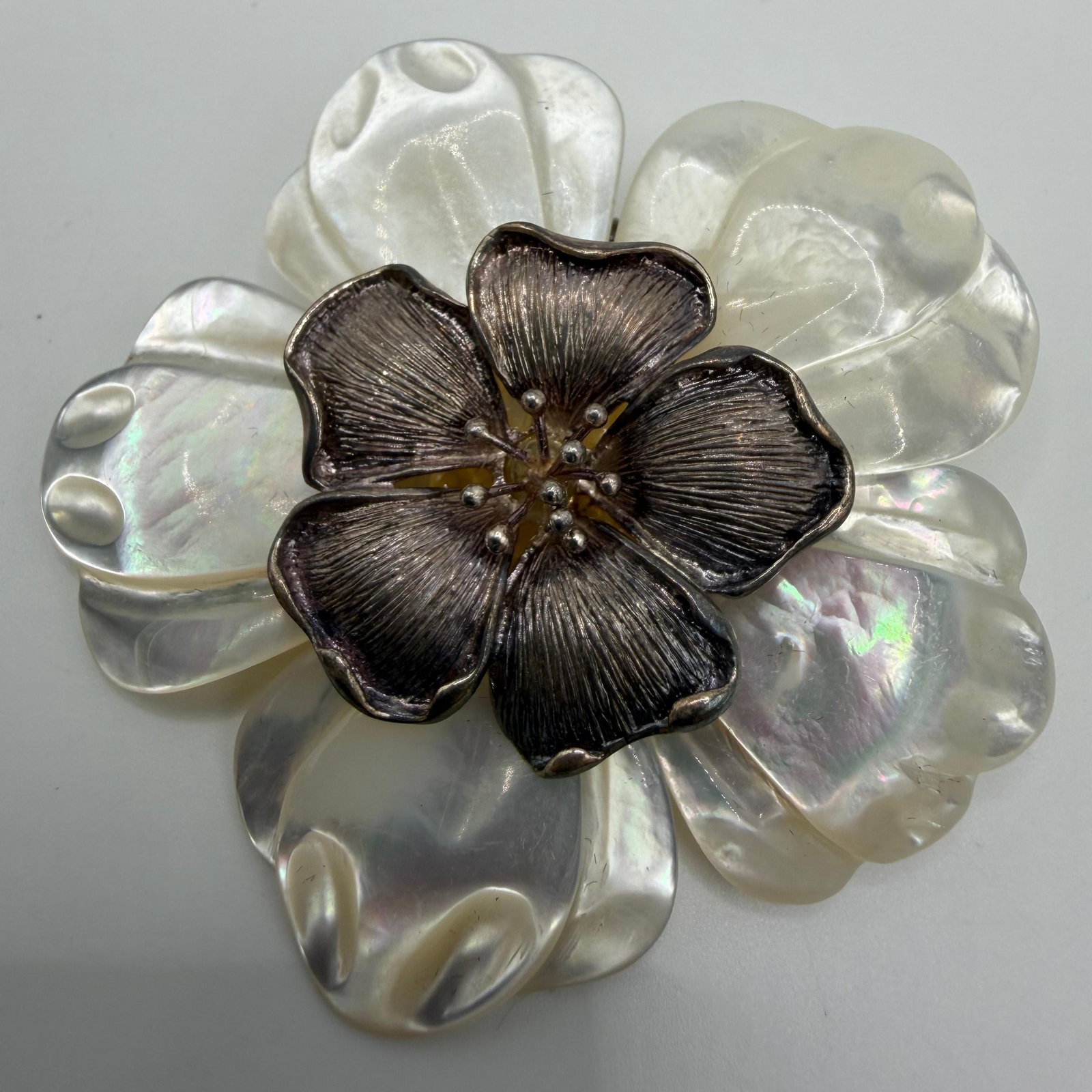 Mother of Pearl Sterling Silver Flower Brooch Pendant MOP