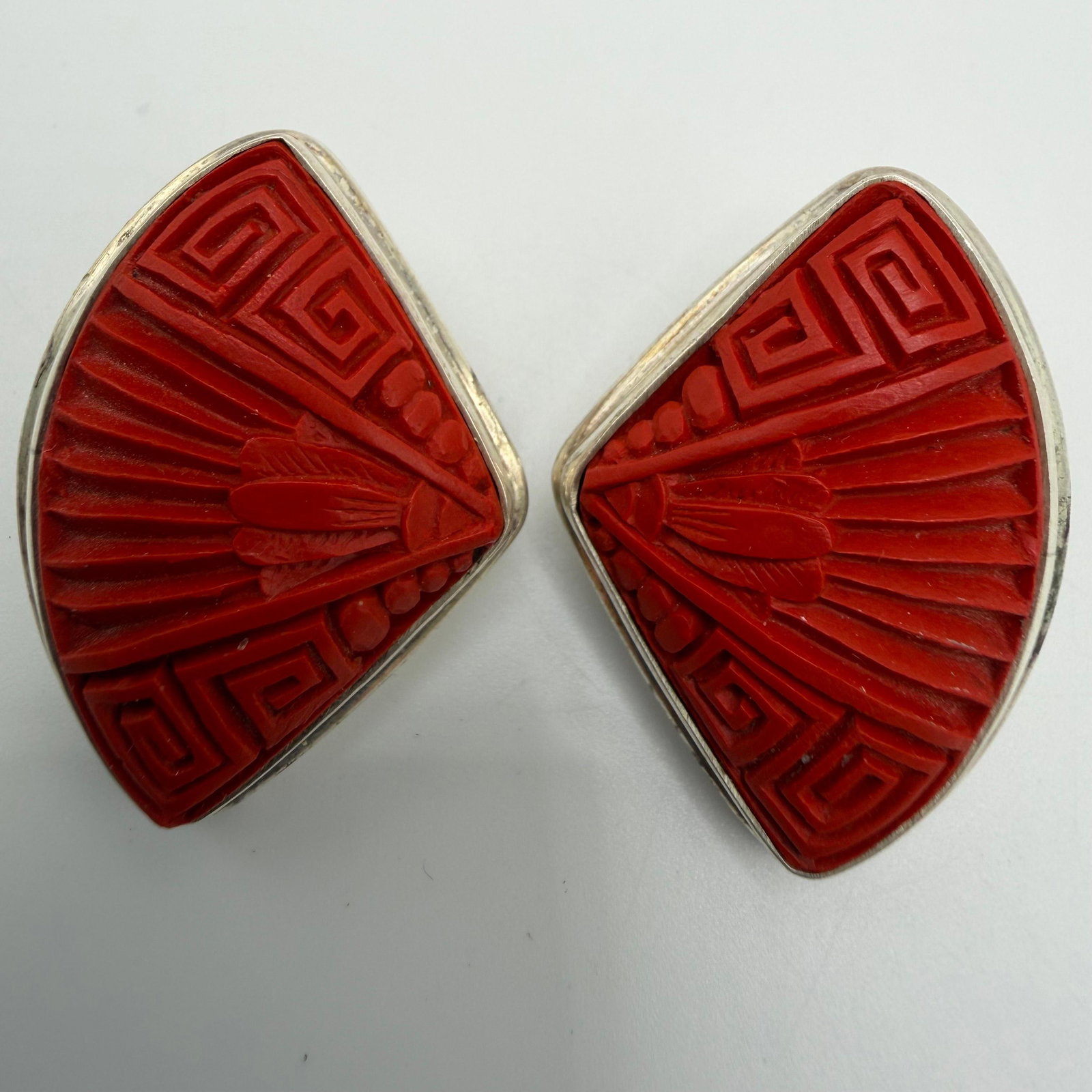 Sajen Art Deco Fan Shaped Sterling Silver Clip On Earrings Red Cinnabar Carved
