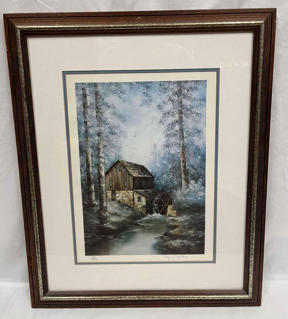 Signed & Numbered "Water Wheel" Print By Sherry Masters With COA: This lot contains a Signed & Numbered "Water Wheel" Print By Sherry Masters. 425/1000. The frame is approx 24 3/4" x 18 3/4" while the print itself is approx. 15" x 11 1/4". Total weight is 4.5lbs. Se