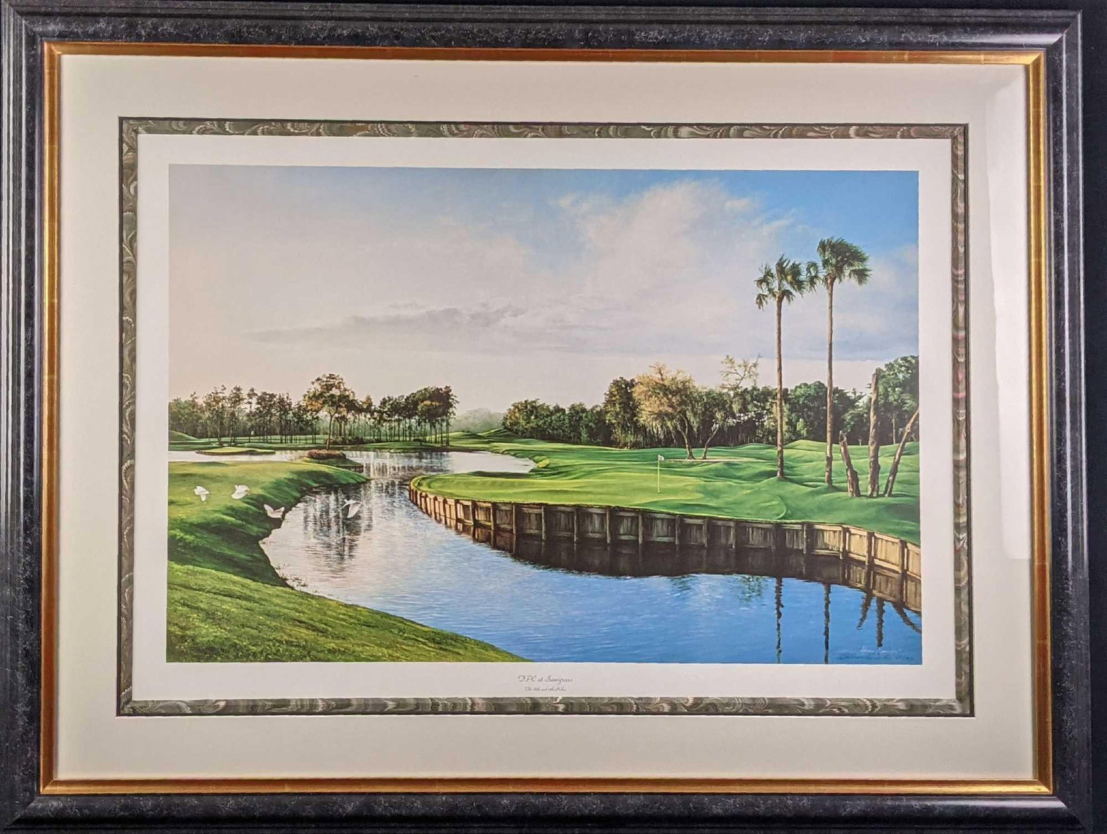 Framed Adriano Manocchia TPC At Sawgrass PGA Golf Litho: Adriano Manocchia Signed TPC At Sawgrass PGA Golf Limited Edition Lithograph. This is #671 out of #950. The framed print is approx 43 1/2" x 1 1/2" x 33 and weighs 21.5lbs. The print is a