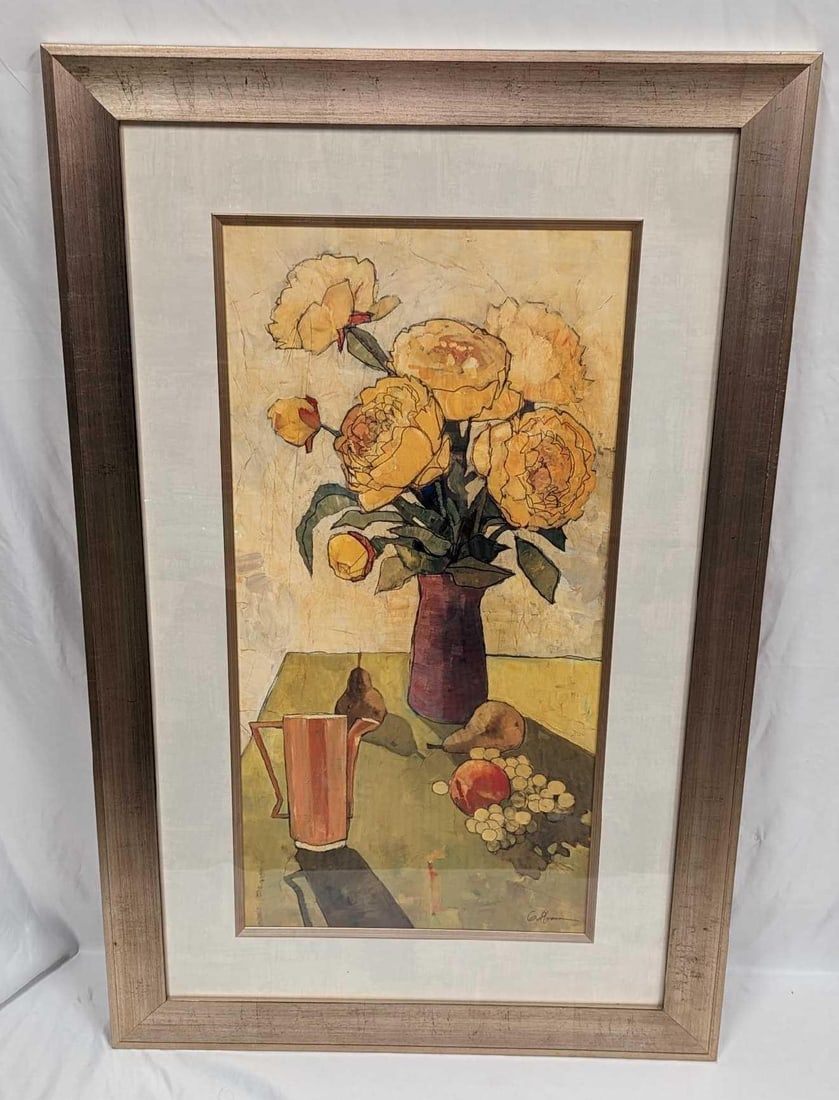 Framed Gabriela Ibarra Butter Peonies Print: Framed Gabriela Ibarra Butter Peonies Print. The framed print is approx 27 1/2" x 3/4" x 43 1/2" and it weighs 14.50 lbs. The frame has some chips and scratches and some rips on the backing paper. Ple