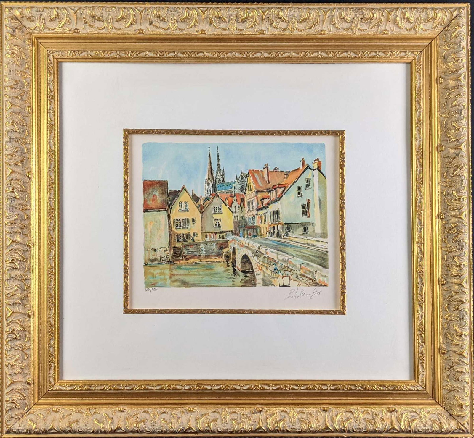Framed Pierre Eugene Cambier Signed Numbered Litho: Framed Pierre Eugene Cambier Signed And Numbered Color Lithograph called "Le Pont". French cityscape scene in an impressionistic style. Framed in a beautiful gold frame with a w
