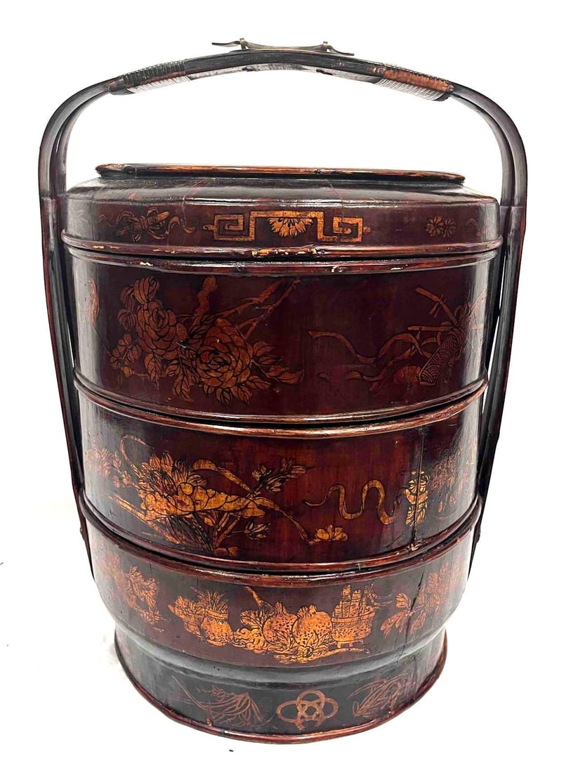 Antique Chinese 3 Tier Nested Wedding/Food Basket: This lot contains a Antique Chinese 3 Tier Nested Wedding/Food Basket. It is approx 17" x 19" x 25". Total weight is 12.5lbs. Overall the Antique basket is in average used condition considering