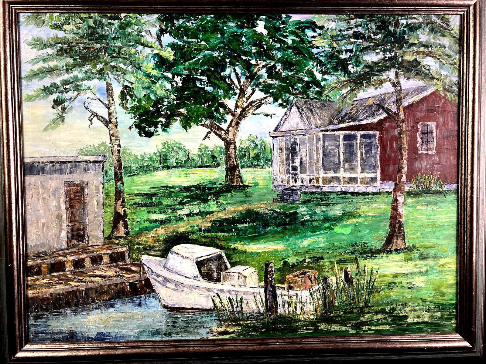 Acrylic Painting Signed by Artist Home & Boat: Up for auction is a recent estate acquisition. This is a signed acrylic painting of a small house and a boat on a lake. The acrylic paint is evenly applied across the canvas. The artist signed