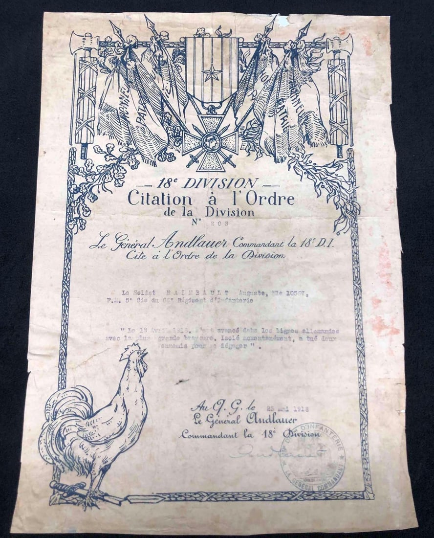 18th Division Citation In the Orders Of The Division No.203 + No.1257 General Andlauer: This lot contains 18th Division Citation In the Orders Of The Division No.203 + No.1257 General Andlauer, Commader of the 18th Division I.D. Cites in the Orders of the Division Private Raimbault.
