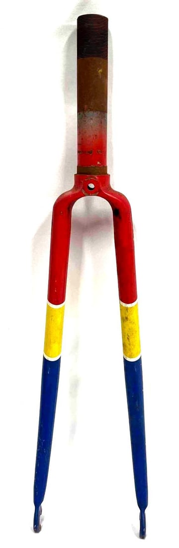 Vintage Bike Fork Forcella Originale Columbus Red, White, Yellow, & Blue: This lot contains a Vintage Bike Fork Forcella Originale Columbus Red, White, Yellow, & Blue. It is approx 1 1/2"" x 4 1/2" x 19" and it weighs about 1.2lbs. Overall the Vintage Bike part is in good