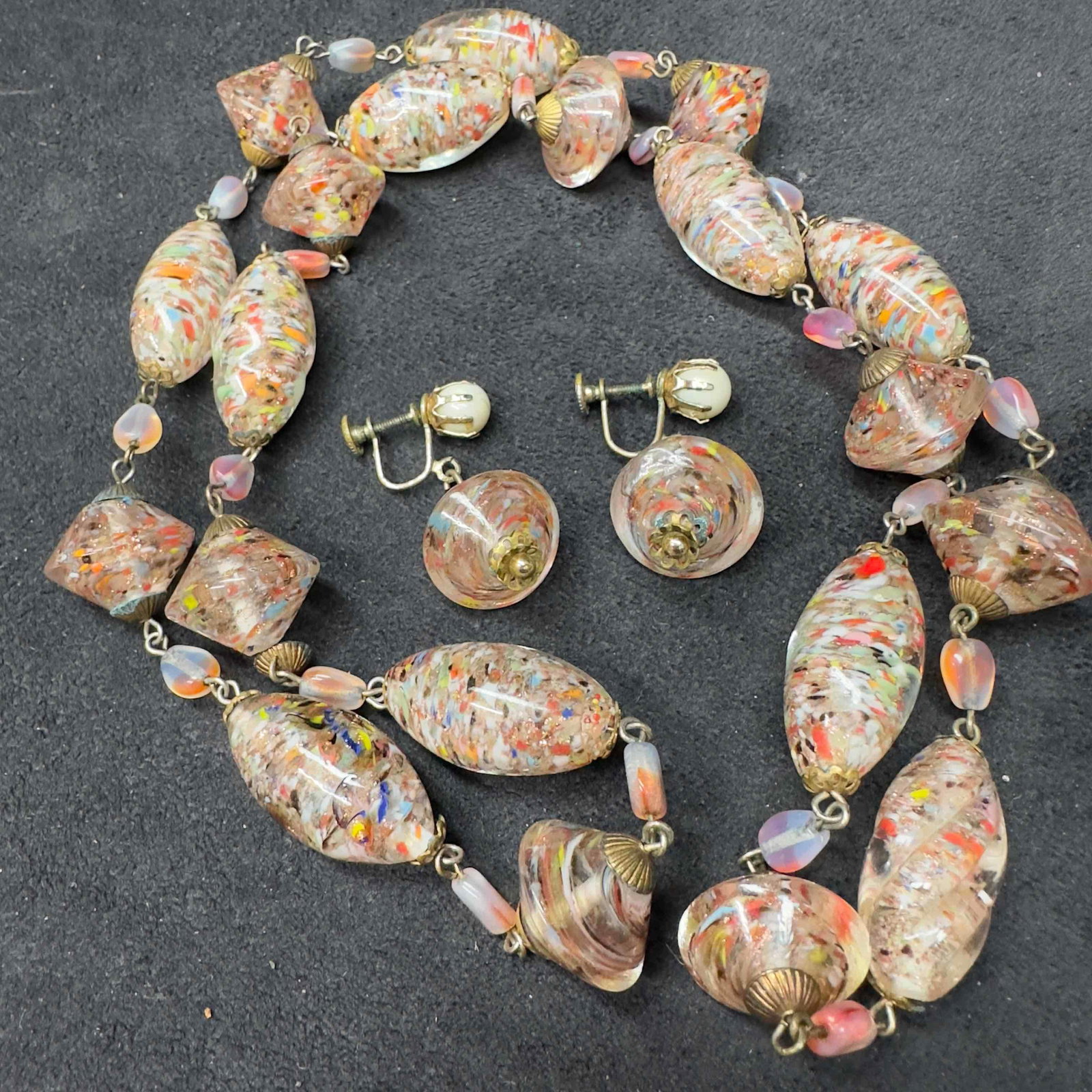 Murano Venetian Lamp Work Glass Clear Multi Colored Bead Beaded Necklace and Earrings Set A49: Murano Venetian Lamp Work Glass Clear Multi Colored Bead Beaded Necklace and Earrings Set A49. Necklace and earrings with clear multi colored glass beads with beautiful designs on each. The necklace a
