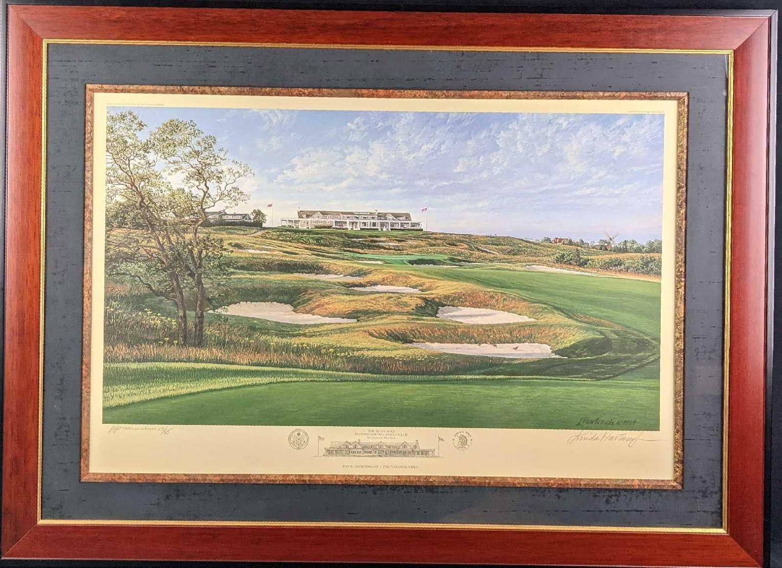 Framed Linda Hartough AP Litho 100th Anniversary The National Opening: "The 16th Hole at Shinnecock Hills Golf Club" Lithograph Artist Proof By Linda Hartough. The print is Artist Proof #13 out of #85. The framed print is approx 37" x 1" x 27" an