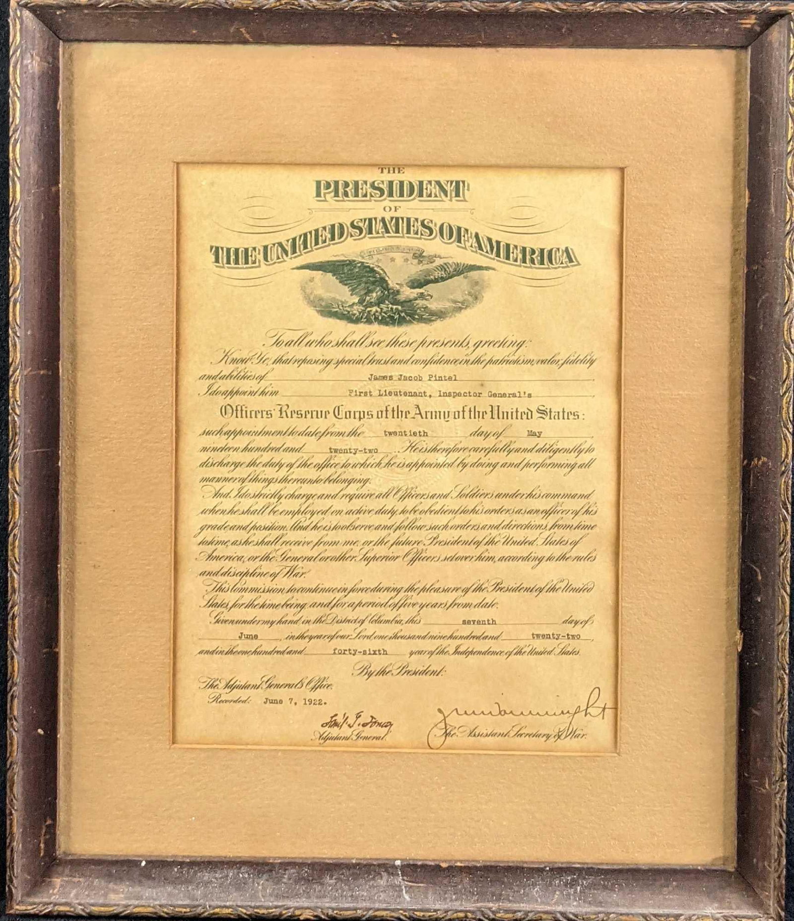 Signed Original 1922 US Army Officer Reserve Corps Certificate: Signed Original 1922 US Army Officer Reserve Corps Certificate. This was signed by United States Assistant Secretary of War, J. Mayhew Wainwright and the Adjutant general. The framed ce