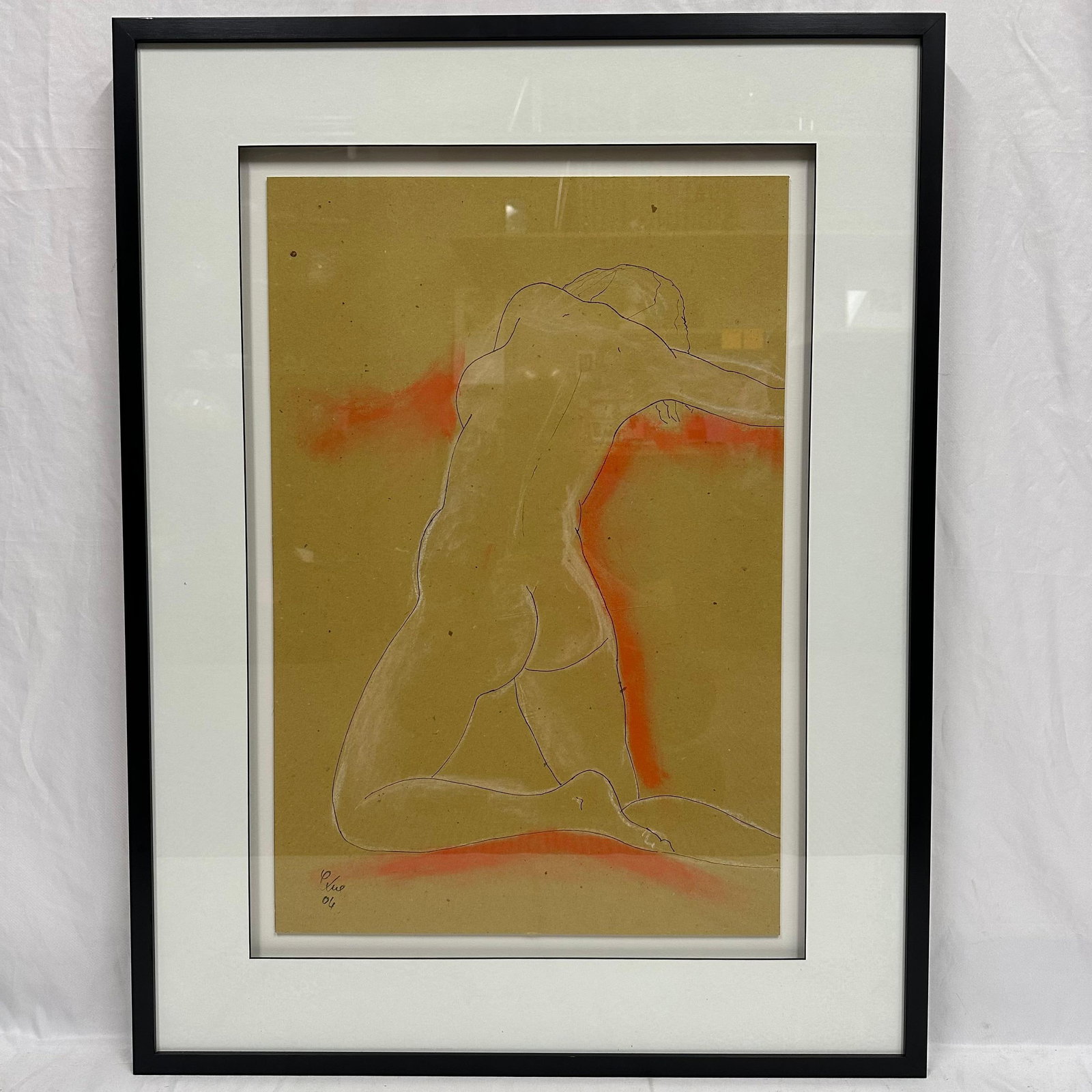 Corinne Vue Original Nude Kneeling Female Mixed Media Framed Signed Dated: Original nude figure, Mixed Media by French artist Corinne Vue, dated. Many of her works are dedicated to the exaltation of the female nude; they are all tributes to the female body, its forms, and