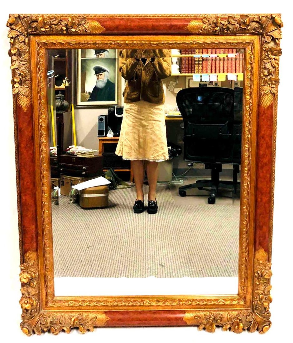 Large European Home Collection Mirror With Ornate Border: This lot contains a Large European Home Collection Mirror With Ornate Border. It is approx 49 3/4" x 39 3/4" and it weighs about 42lbs. Overall the Large Mirror is in good used condition with some lig