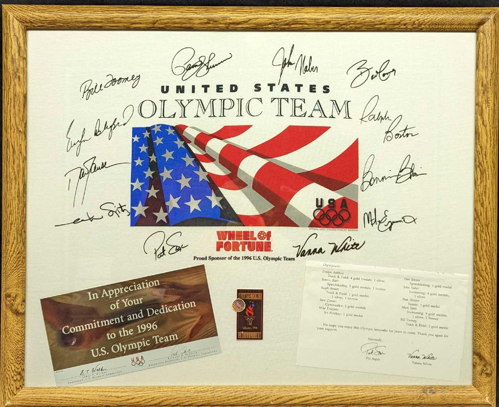 Framed 1996 Atlanta Usa Olympic Team T-shirt: Framed 1996 Atlanta USA Olympic Team T-shirt. Framed shirt, along with other items that came with the shirt. Please note, the autographs are part of the shirt's graphics and not original signatures. T