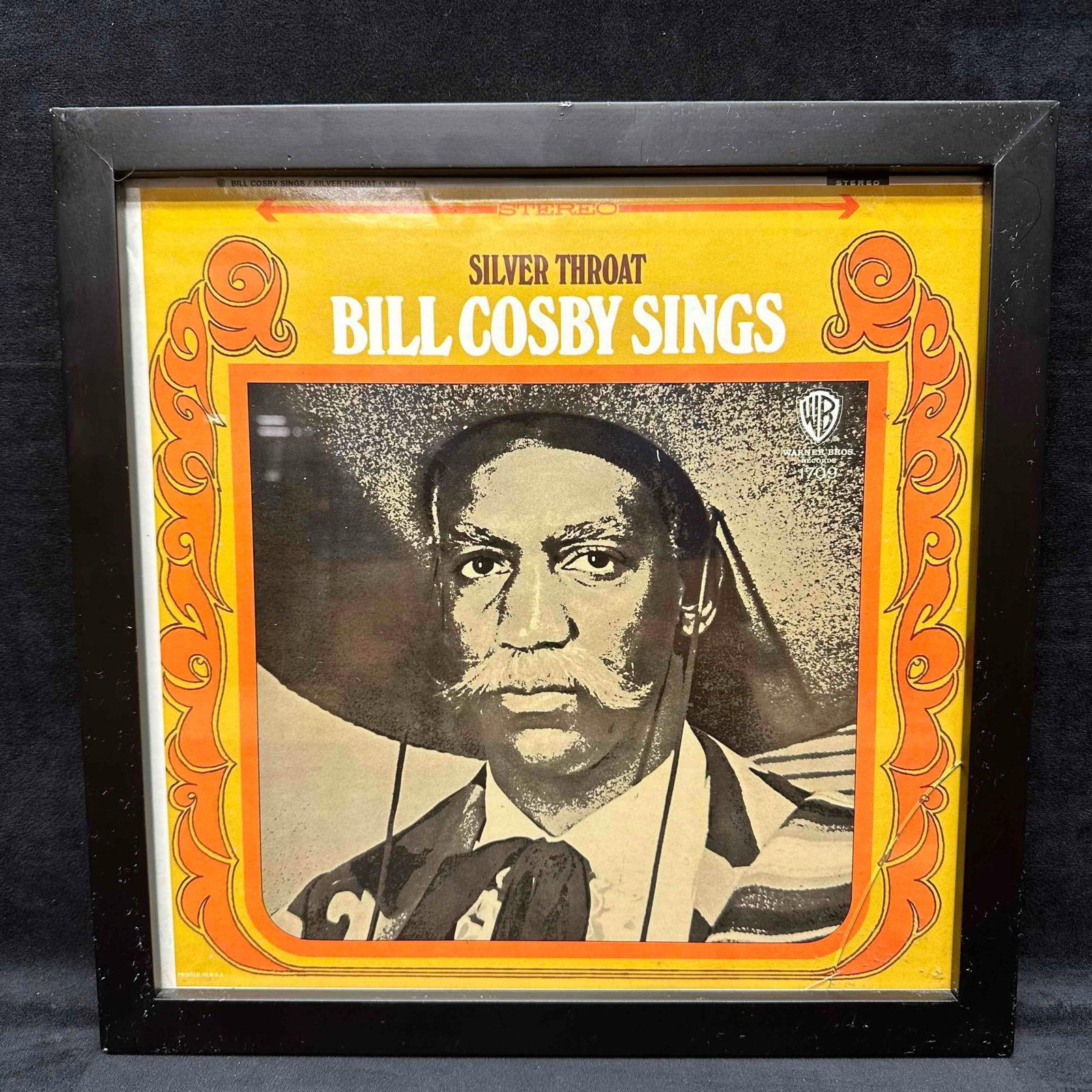 Bill Cosby Sings Silver Throat 1967 Warner Bros. Vinyl Record Framed: Bill Cosby Sings Silver Throat 1967 Warner Bros. Vinyl Record Framed. This item is in pre-owned, previously displayed condition. Minor crack in the frames glass in the bottom left corner, light surfac