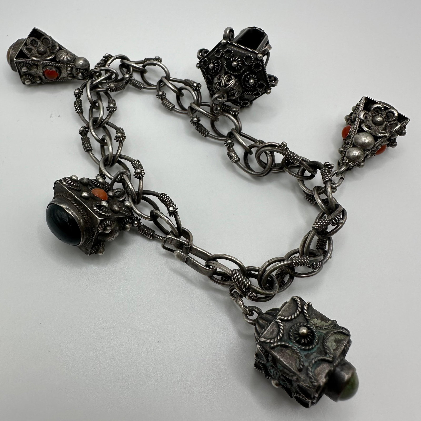 Etruscan Revival Style Gemstone Fob Charm Bracelet X96