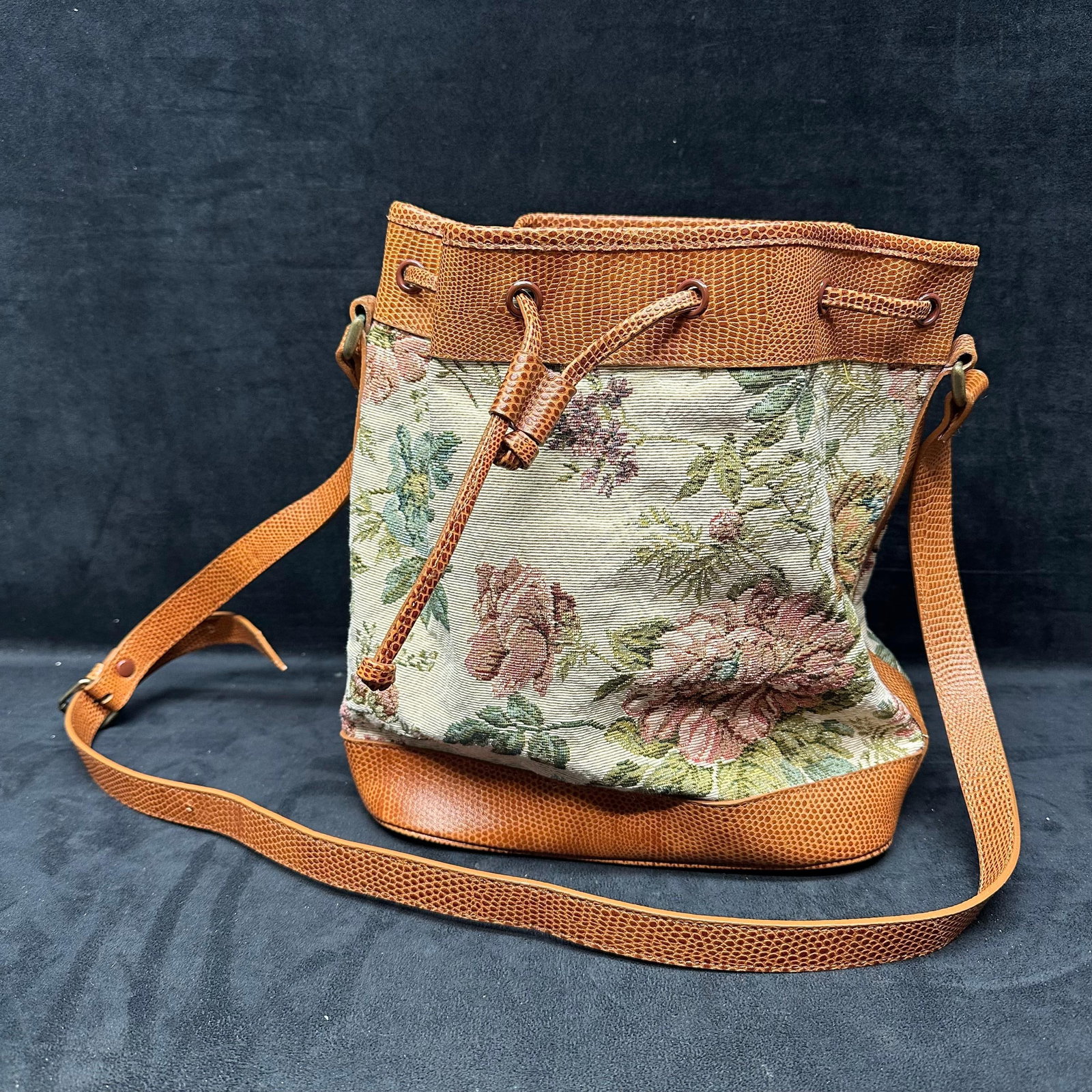 Allen Solly Floral Tapestry Bucket Bag with Brown Trim Crossbody Purse