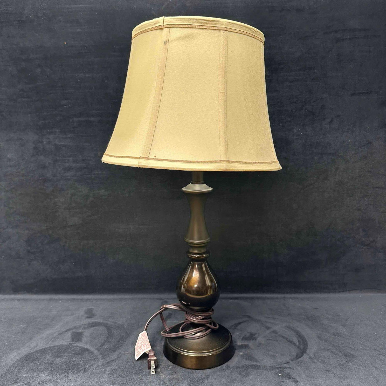 American Federal Traditional Bronze Style Table Lamp: The lamp shade has minor stains. Fully functional. This item is in good pre-owned, previously displayed condition with light wear, and surface scratches. Please reference all photos for full details. 