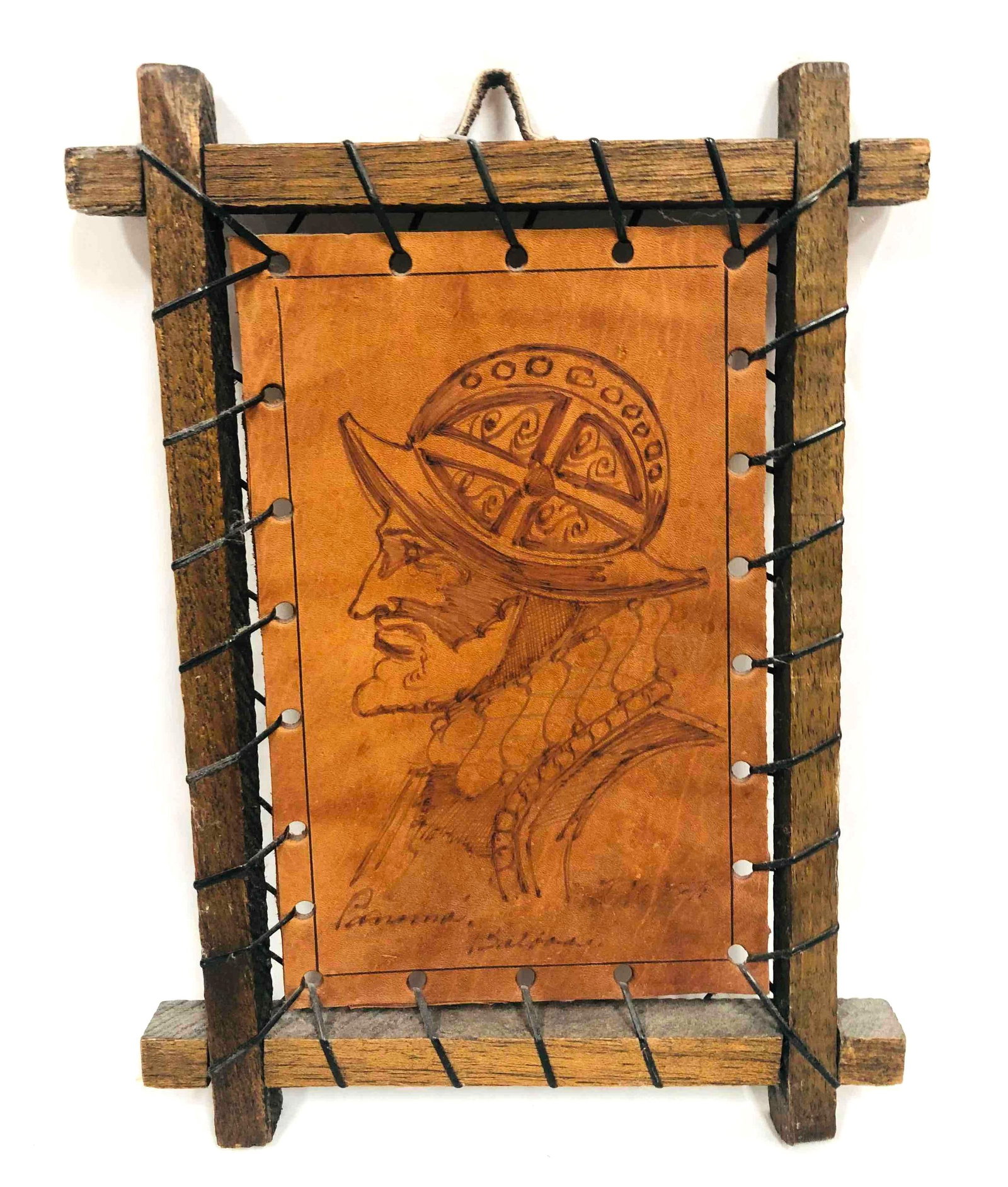 Signed Leather Etched Folk Art