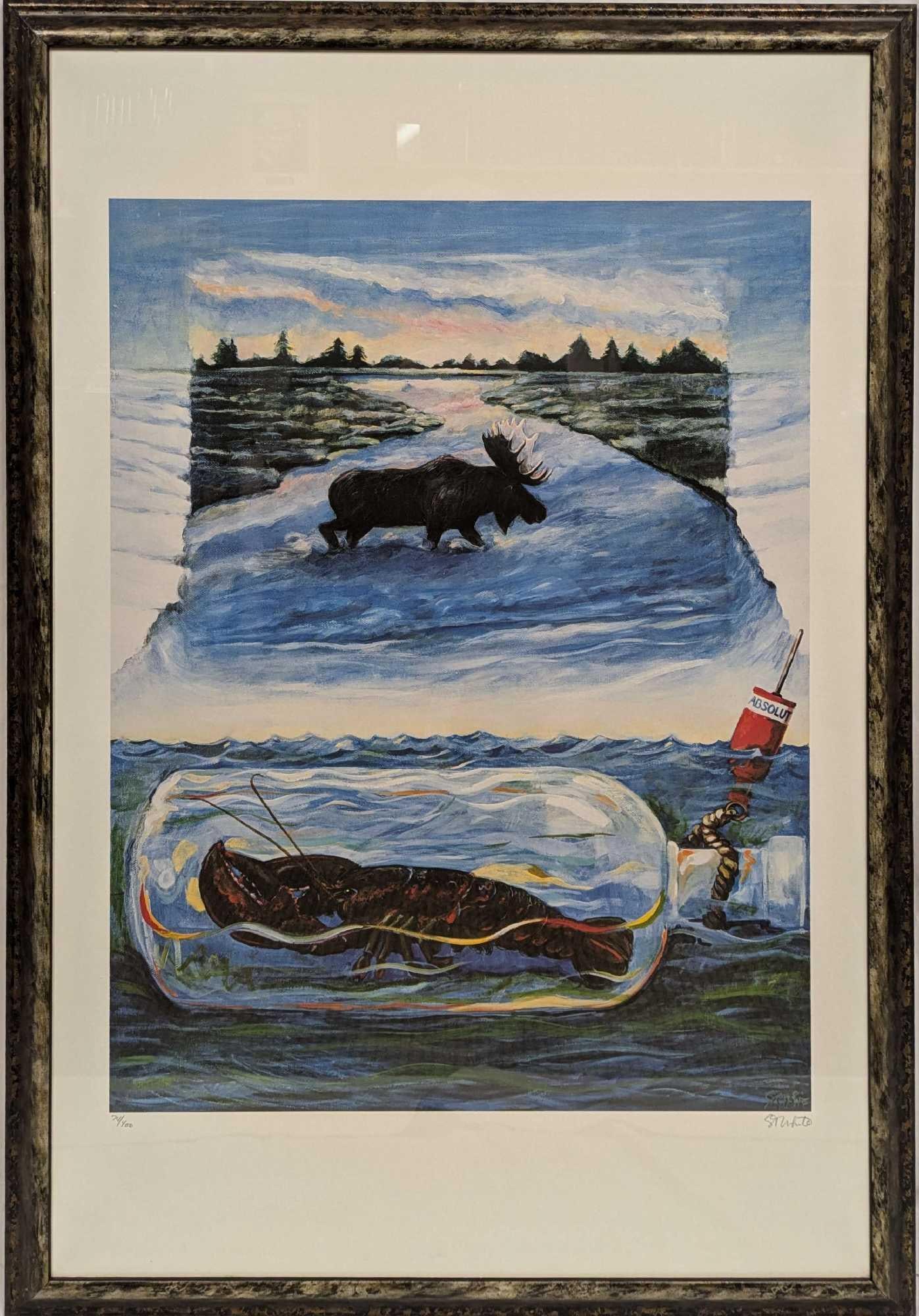 S&N Absolut Statehood: Maine Suzanne T White Print: S&N Absolut Statehood: Maine Suzanne T White Print. This lithograph is #74 out of #400. This framed print is approx 28 1/2" x 1" x 41" and it weighs 13lbs. The frame has small chips. A