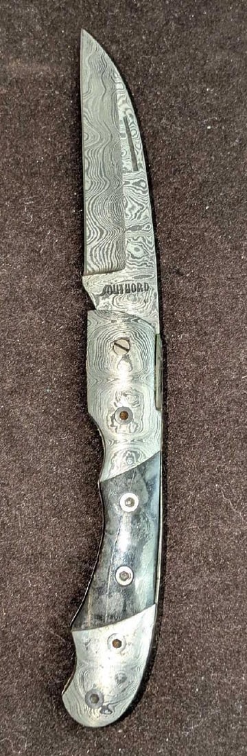 Damascus Steel Fold Up Brown & Black Horn Handle Knife Retired C (1 of 9)