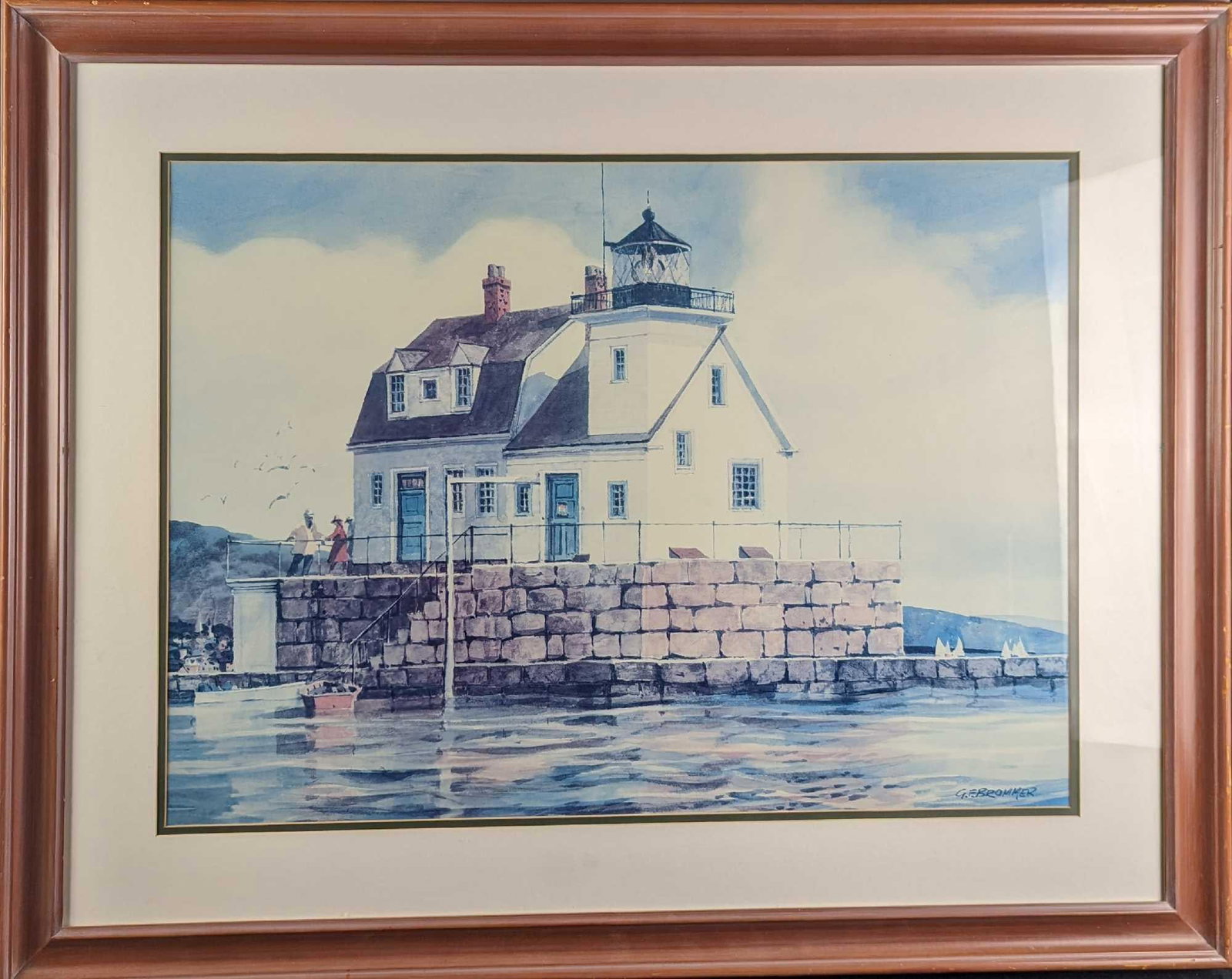 F21Gerald Brommer Rockland Breakwater Lighthouse Print: Framed Gerald Brommer Rockland Breakwater Lighthouse Print. The framed print is approx 40" x 1 1/2" x 31 1/2" and it weighs 14lbs. The print/image is approx 28 1/2" x 21 1/2".