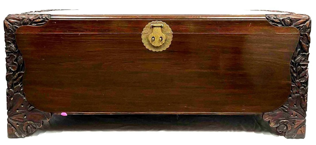 Ornate Chinese Hand Carved Teak Chest: This lot contains a Ornate Chinese Hand Carved Teak Chest. Originally Purchased in Hong Kong. It is approx 48" x 19" x 20". Total weight is approx 72lbs. The chest features an ornate motif along the e