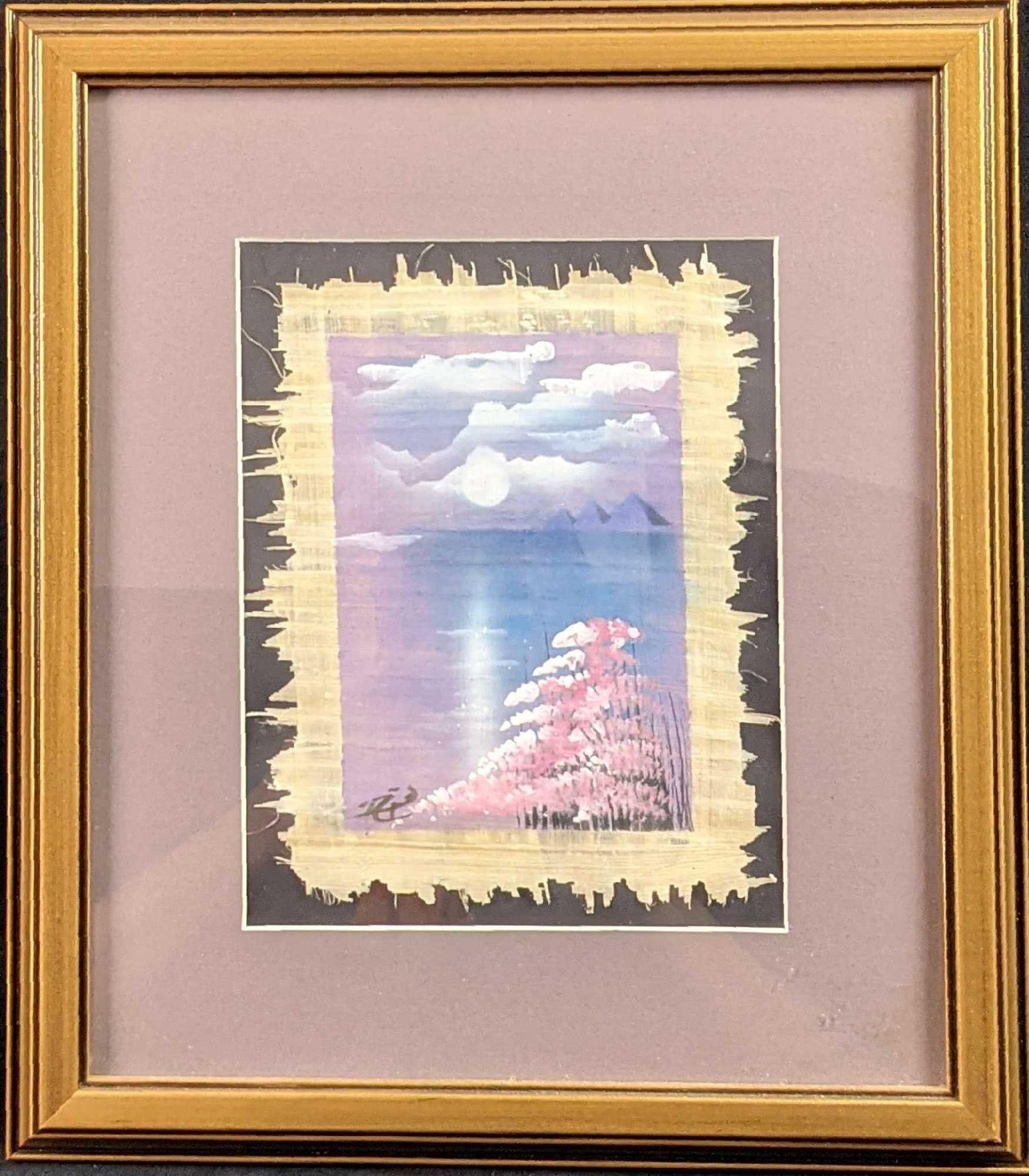 Original Framed Oil On Papyrus Nighttime Pyramids Egyptian: Here is an original oil on the papyrus of the moon with clouds and three pyramids. The original is signed by the artist on the bottom left. Framed original is approx 11 1/2" x 1" x 13 1/2". 