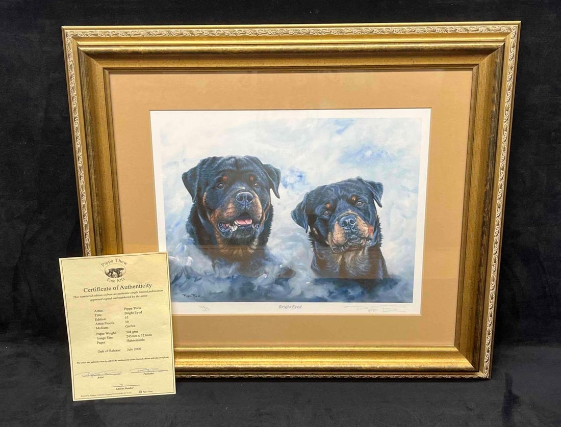 Framed Signed & Numbered Giclee Bright Eyed By Pippa Thew Includes COA: This lot contains a Framed Signed & Numbered Print Bright Eyed By Pippa Thew Includes COA. Thew grew up in Kenya and lives in Devon, a rural county in Southwest England. She began painting at a ve
