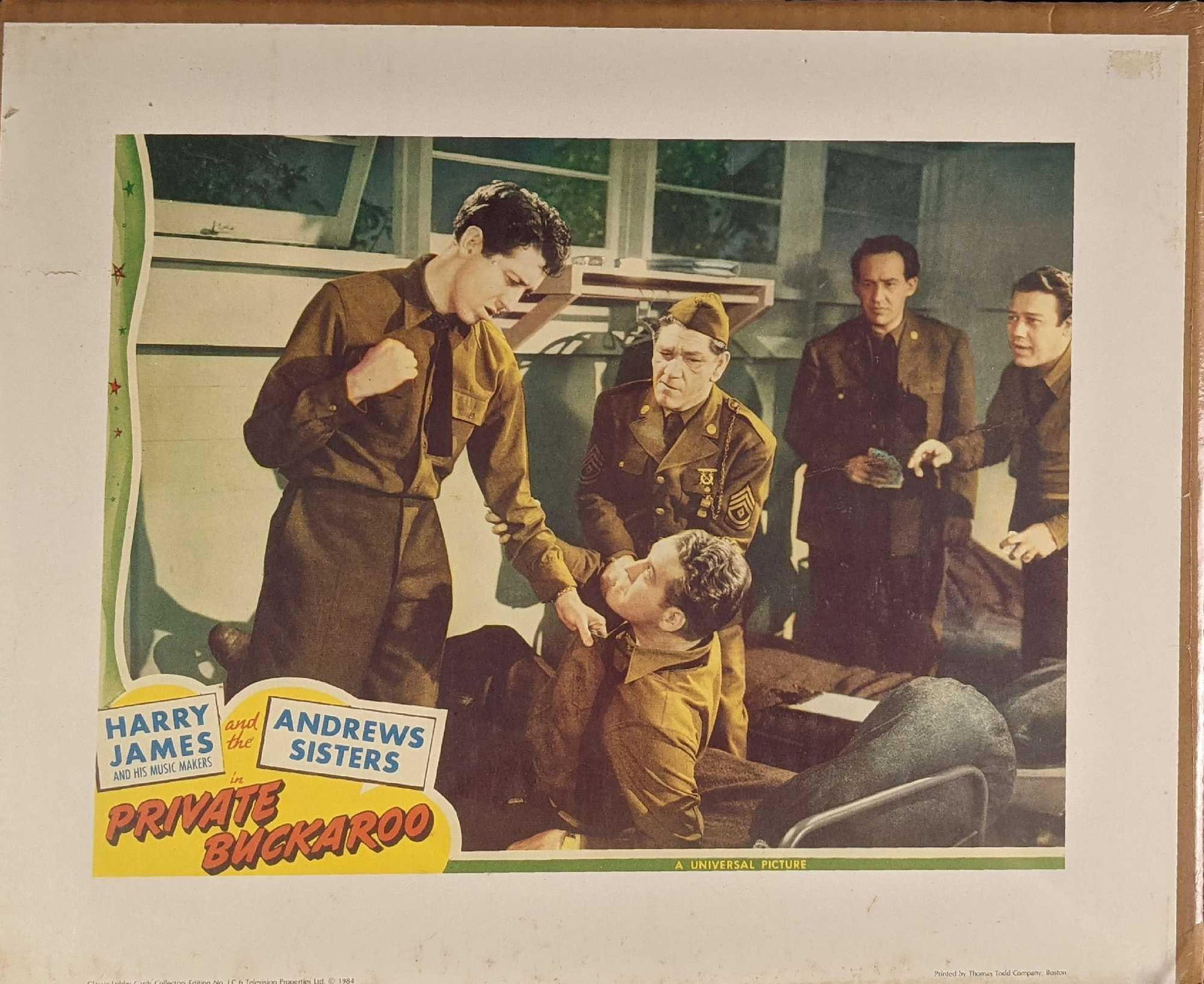 Vintage Private Buckaroo Reproduction Lobby Card Print: Reproduction Lobby Card/Print From the 1942 comedy musical film, "Private Buckaroo", which starred the Andrew Sisters and Dick Foran. The wrapped and boarded lobby card is approx 16 1/2" x 1