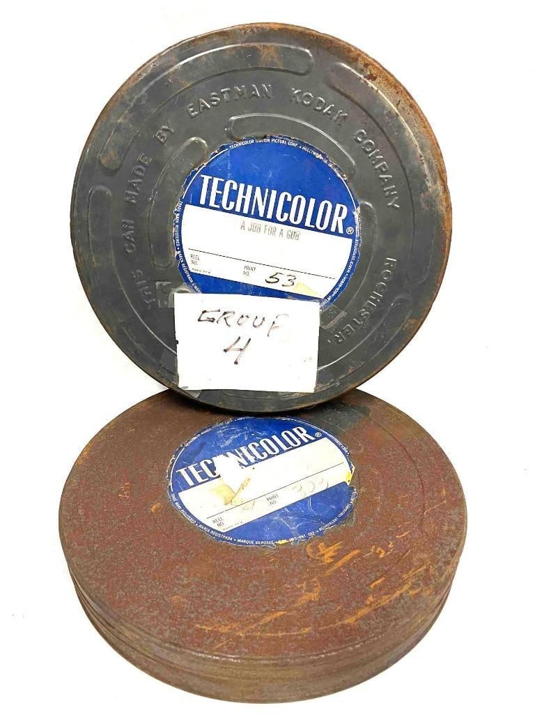 Two Vintage Kodak Technicolor Reel Case Can For Motion Pictures (4): This lot contains Two Vintage Kodak Technicolor Reel Case Can For Motion Pictures (4). Each Can is approx 10 1/2" x 10 1/2" x 1 3/4" and together the two weigh 1.7lbs. Overall the Film Cans are in