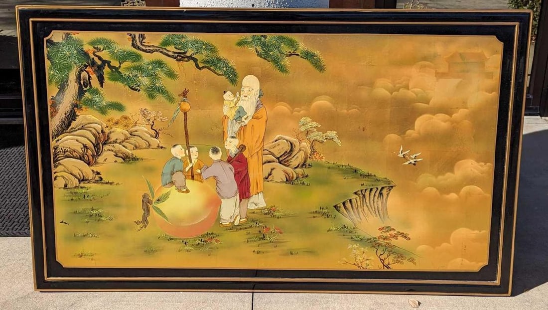 Asian Lacquer And Gold Leaf Painting On Wood: Asian Lacquer And Gold Leaf Painting On Wood. The maker and date of creation are unknown. This is approx 60" x 1" x 37 3/4" and it weighs 40lbs. The image shows one of the wise gods, Shou