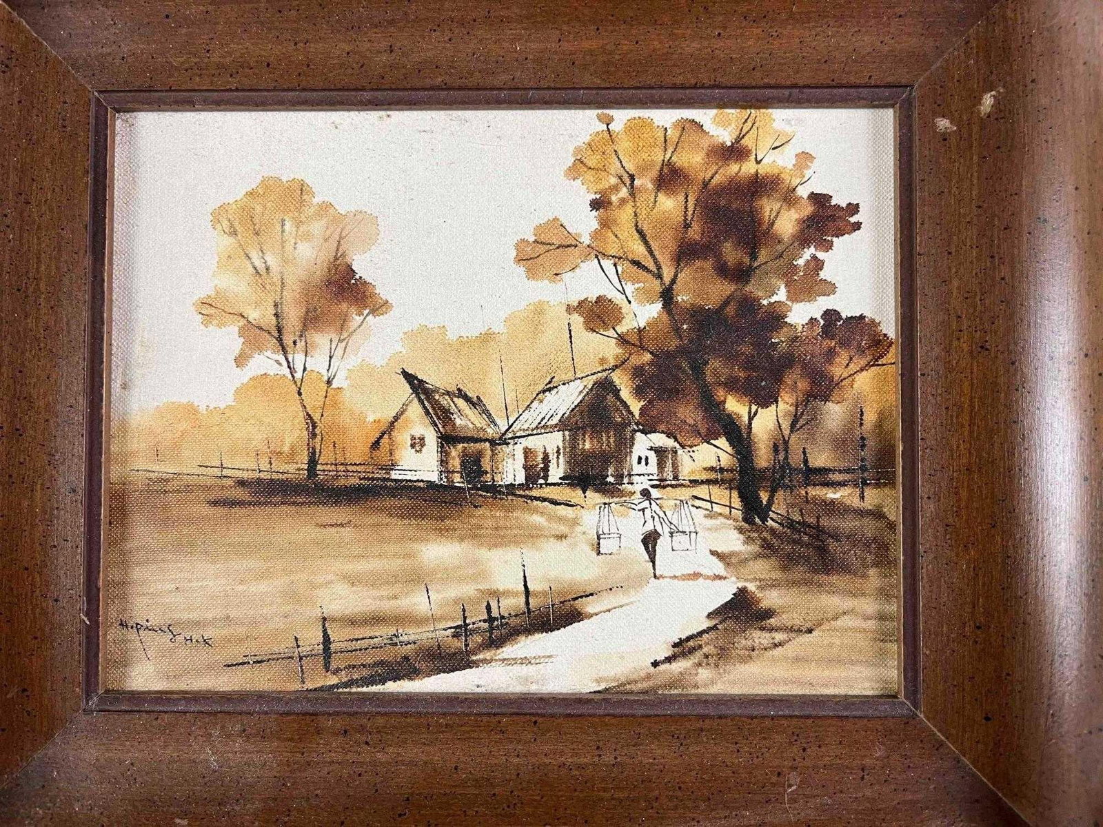 Framed Farm Home Painting Signed by Artist: Framed Farm Home Painting Signed by Artist This painting looks to have been done using a coffee painting method. The print is signed on the bottom left. This item is in good condition with a few scrat