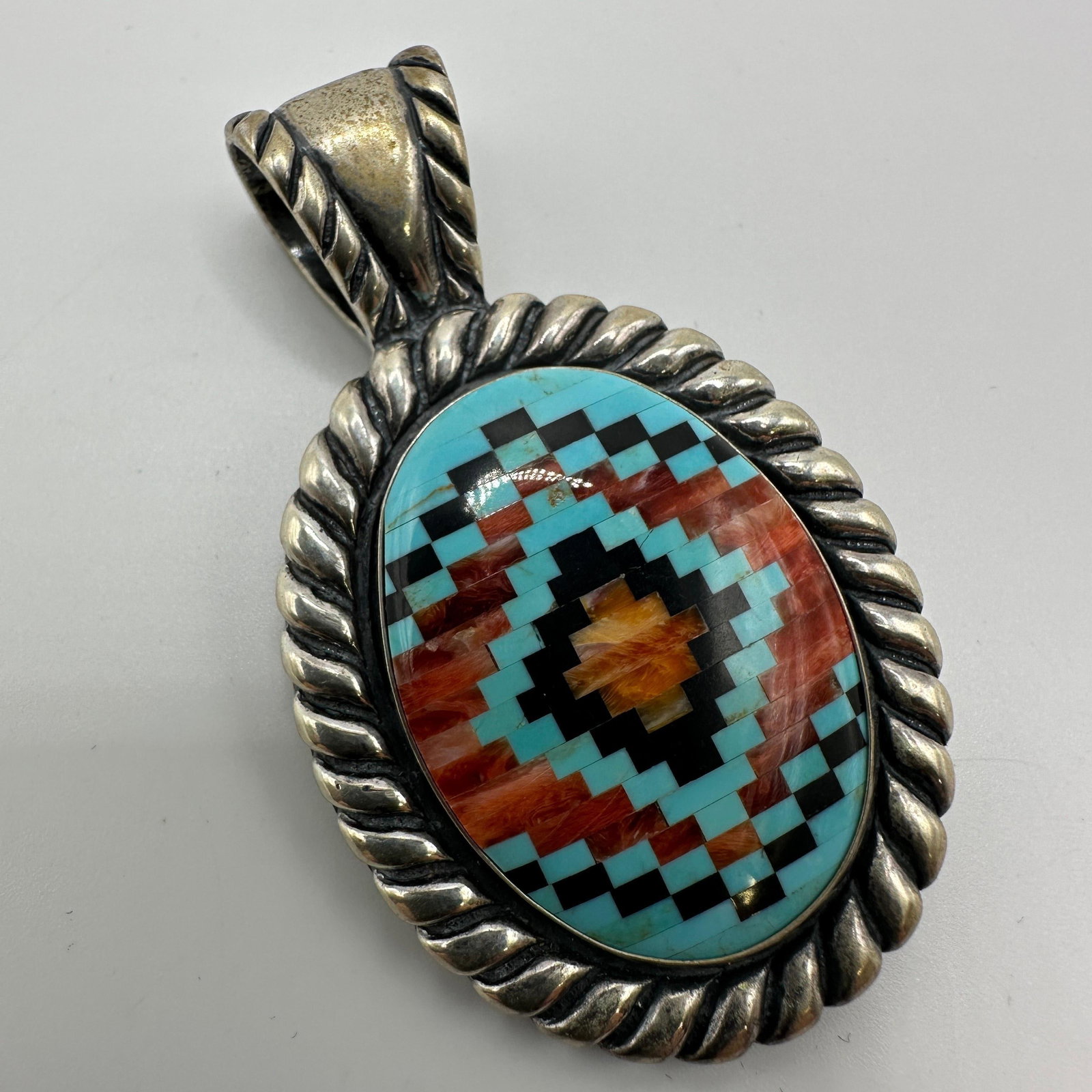 Carolyn Pollack Relios Multi Gem Mosaic Inlay Statement Sterling Pendant: This item is in good pre-owned, previously used/displayed condition with noticeable light wear and surface scratches. Please reference all photos for full details. This piece of jewelry has been caref