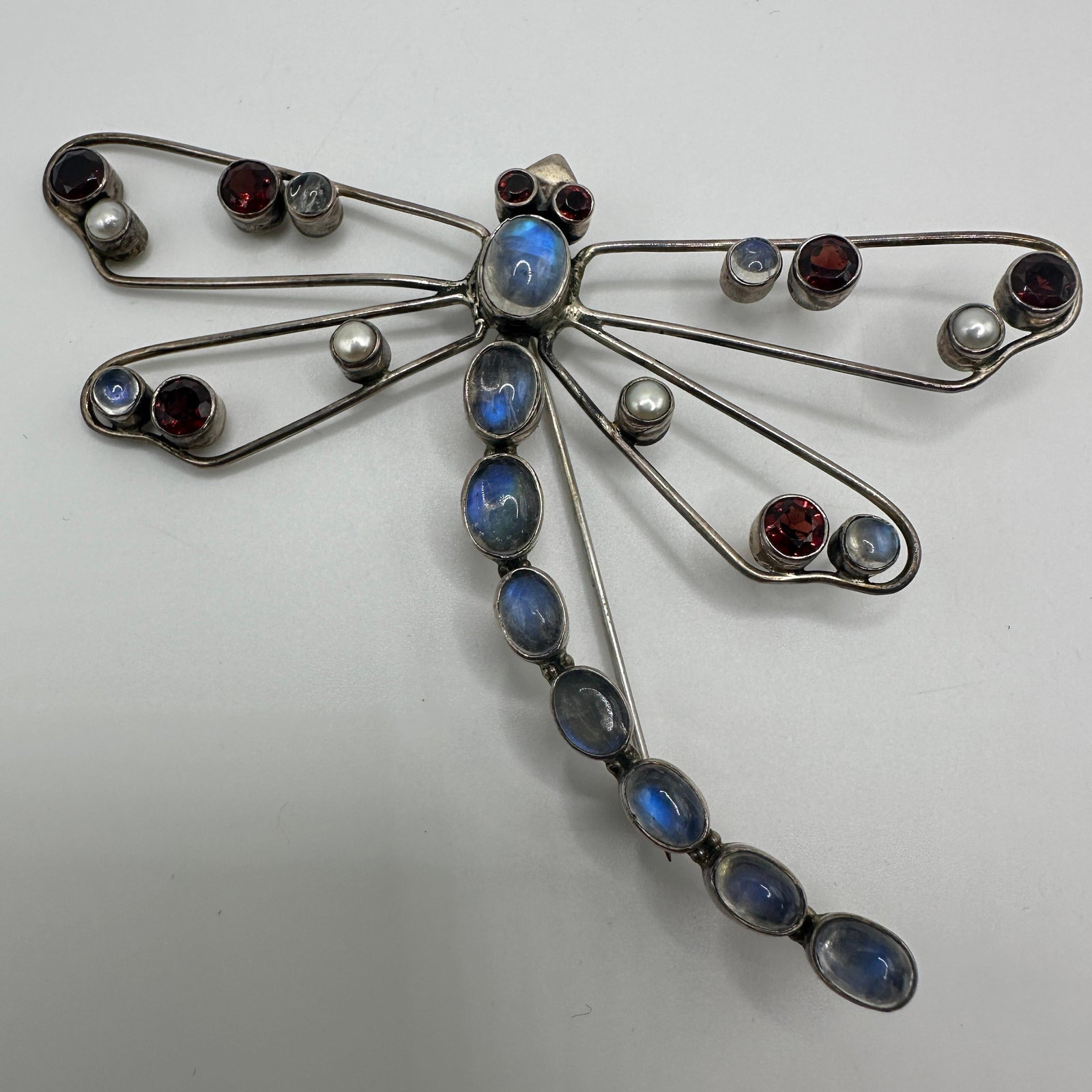 Nicky Butler Sterling Silver Red Garnet Pearl Monnstone Dragon Fly Brooch