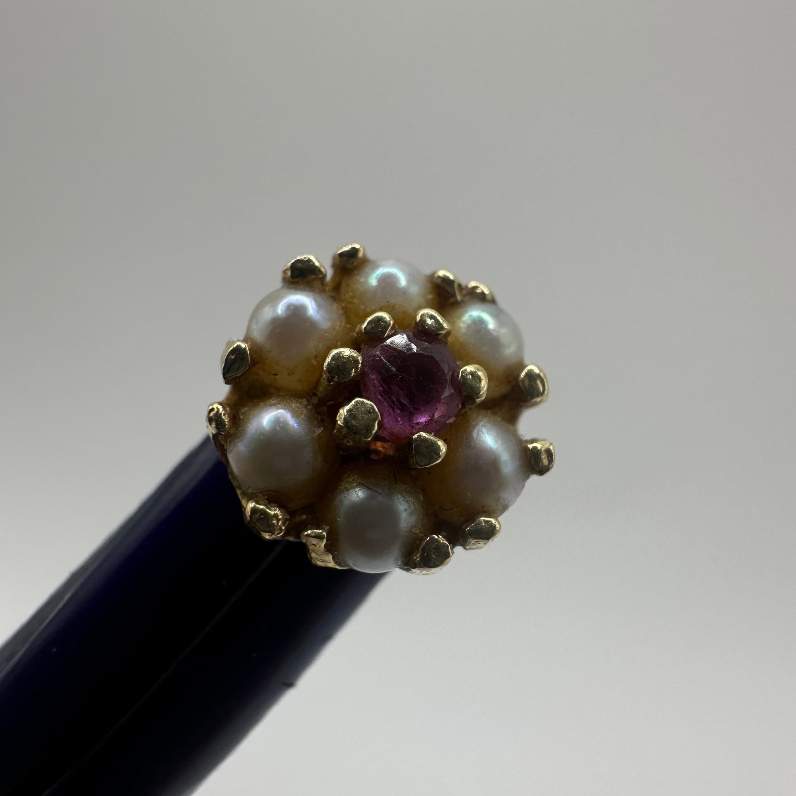Sapphire Pearl Encrusted Floral 14K Gold Earrings: This item is in good pre-owned condition, previously used/displayed, with noticeable light wear and surface scratches. Please reference all photos for full details. This piece of jewelry has been care