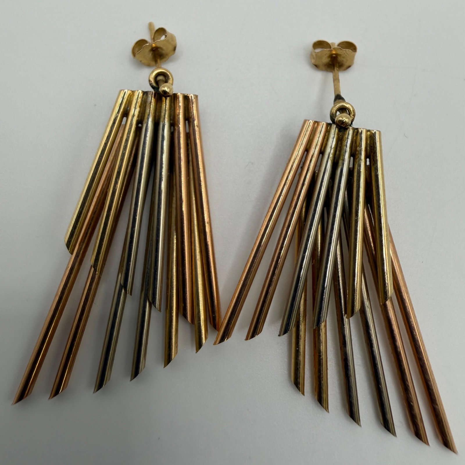 14K White Rose Yellow Gold Art Deco Style Tri Color Earrings: This item is in good pre-owned condition, previously used/displayed, with noticeable light wear and surface scratches. Please reference all photos for full details. This piece of jewelry has been care