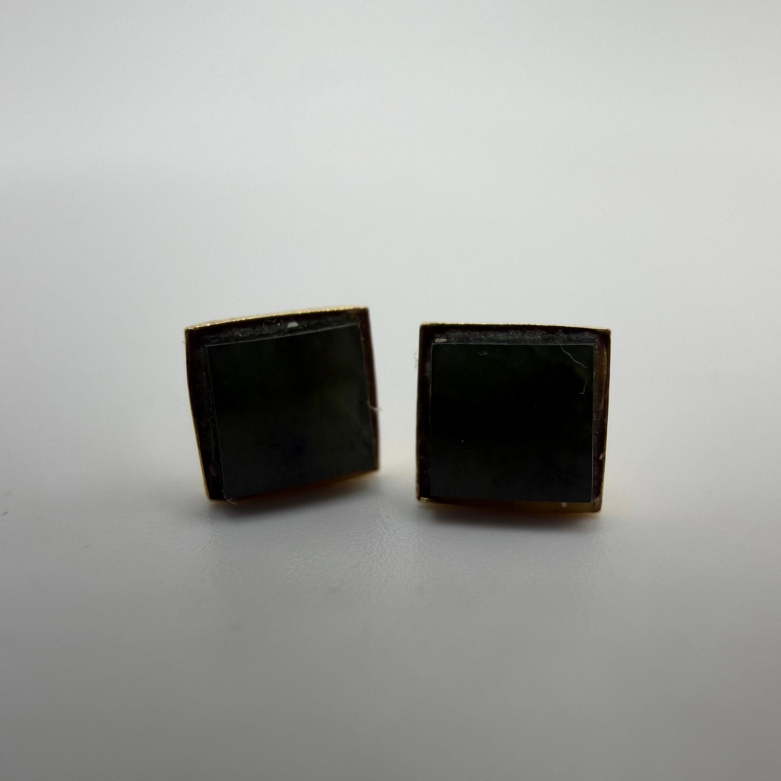 Small Square Green Stone 14K Yellow Gold Earrings: This item is in good pre-owned condition, previously used/displayed, with noticeable light wear and surface scratches. Please reference all photos for full details. This piece of jewelry has been care