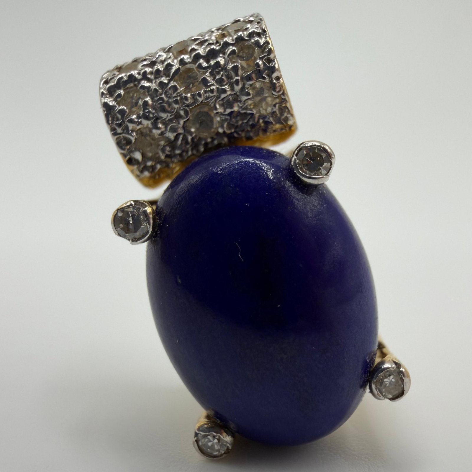 Lapis Lazuli Cabochon Accent Diamonds 14K Gold Mexico Pendant: This item is in good pre-owned condition, previously used/displayed, with noticeable light wear and surface scratches. Please reference all photos for full details. This piece of jewelry has been care