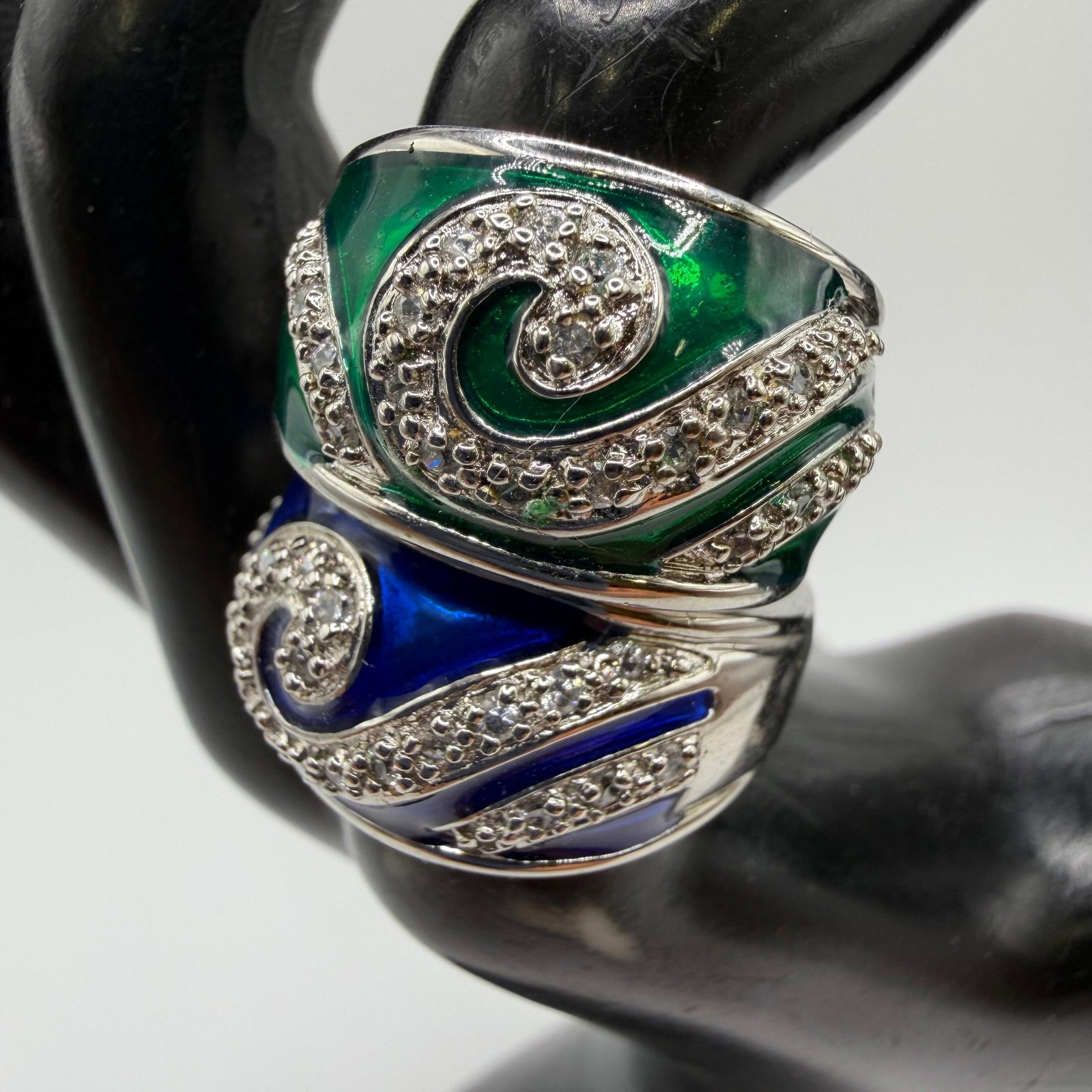 Pair of Blue and Green Enamel CZ Accent 925 Rings