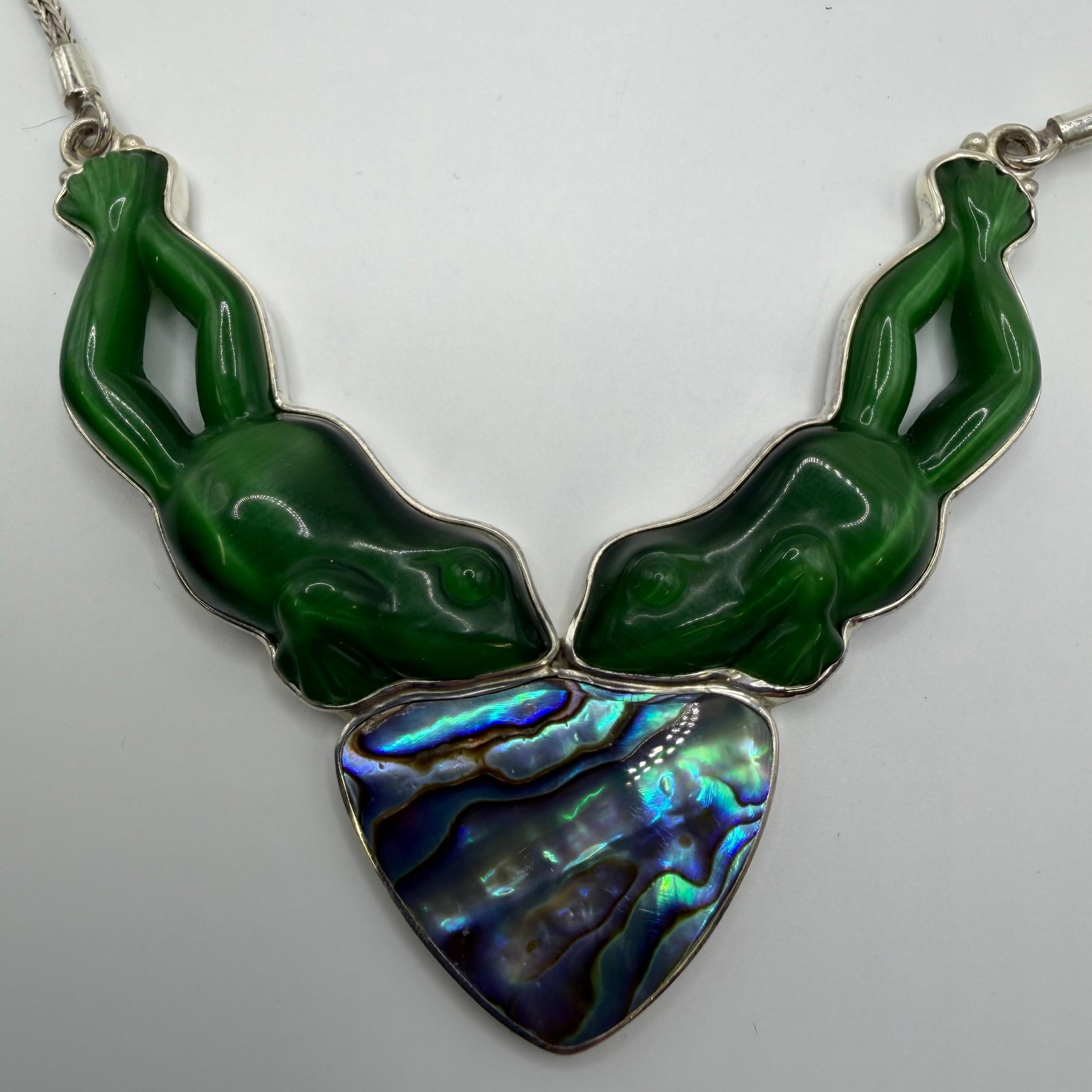 Sajen Malachite Frog with Abalone Shell Sterling Silver Statement Necklace