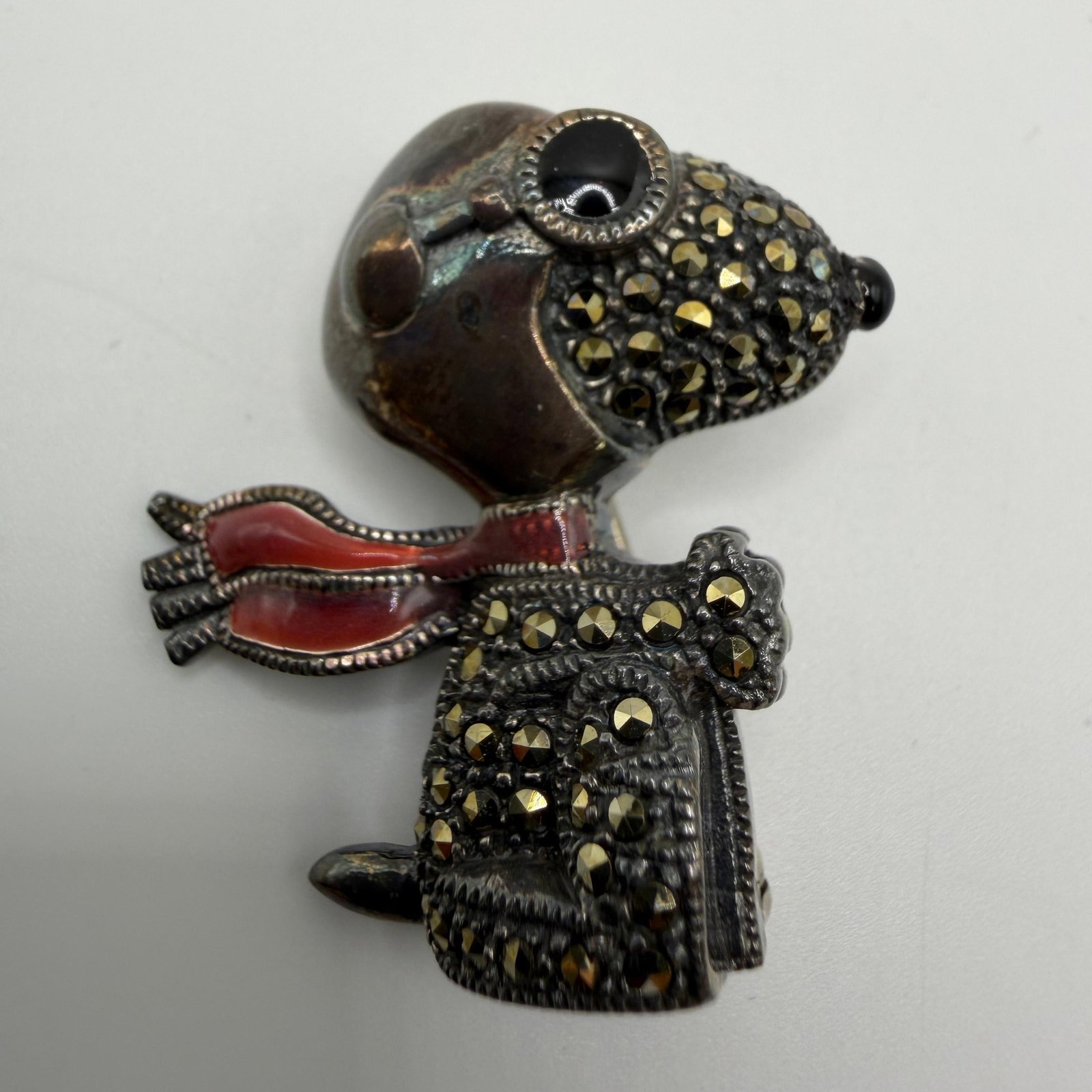 Judith Jack Snoopy Peanuts Sterling Marcasite and Enamel Accent Brooch: This item is in good pre-owned, previously used/displayed condition with noticeable light wear and surface scratches. Please reference all photos for full details. This piece of jewelry has been caref