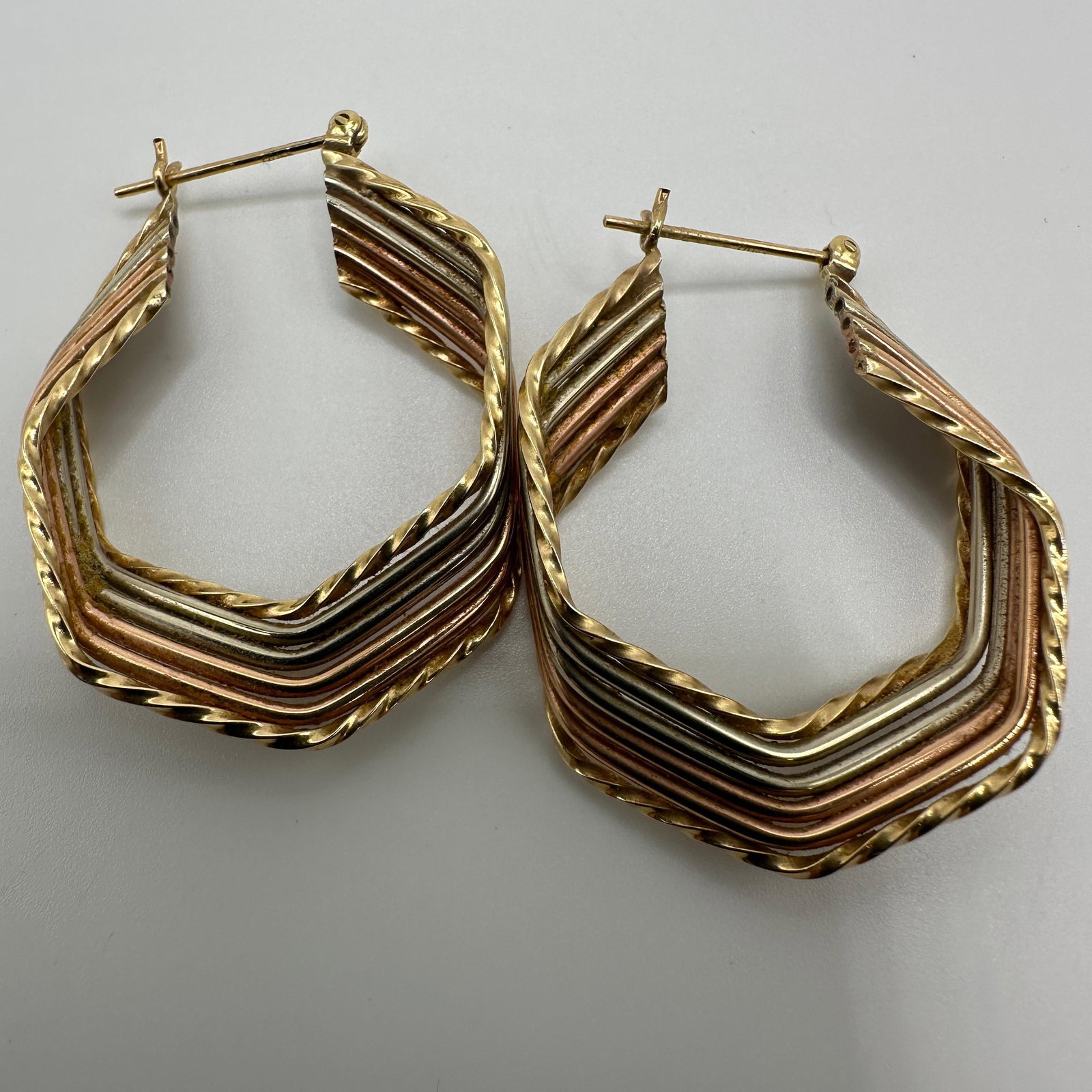 Tri Tone 14K Gold Modernist Statement Ribbed Hoop Earrings