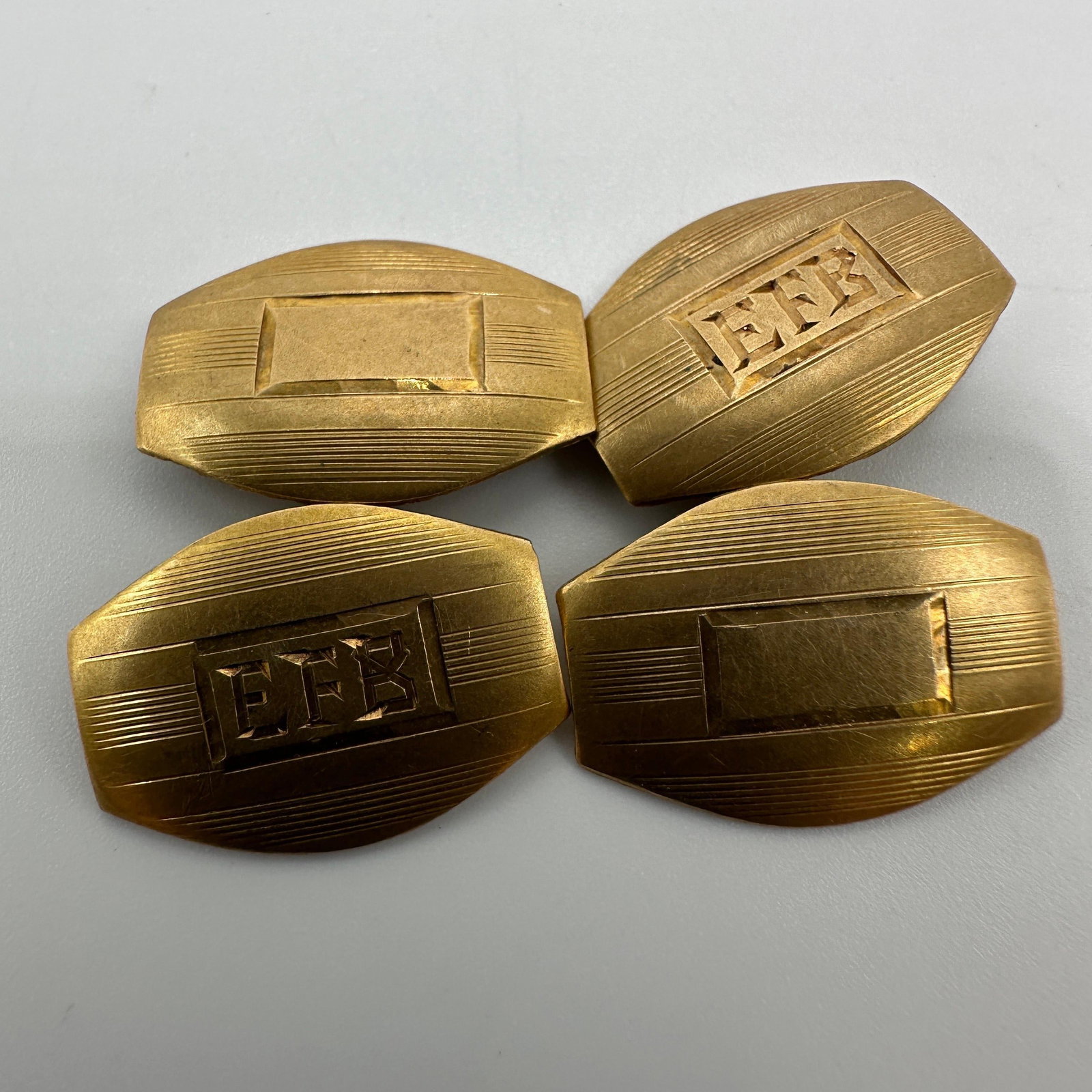 14K Gold Art Deco Style Cufflinks EFB Monogram: This item is in good pre-owned condition, previously used/displayed, with noticeable light wear and surface scratches. Please reference all photos for full details. This piece of jewelry has been care