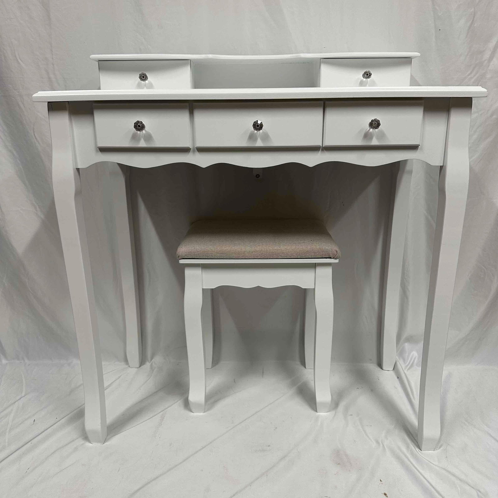 White Vanity Table with Stool 5 Drawer Makeup Desk with Upholstered Seat (1 of 11)