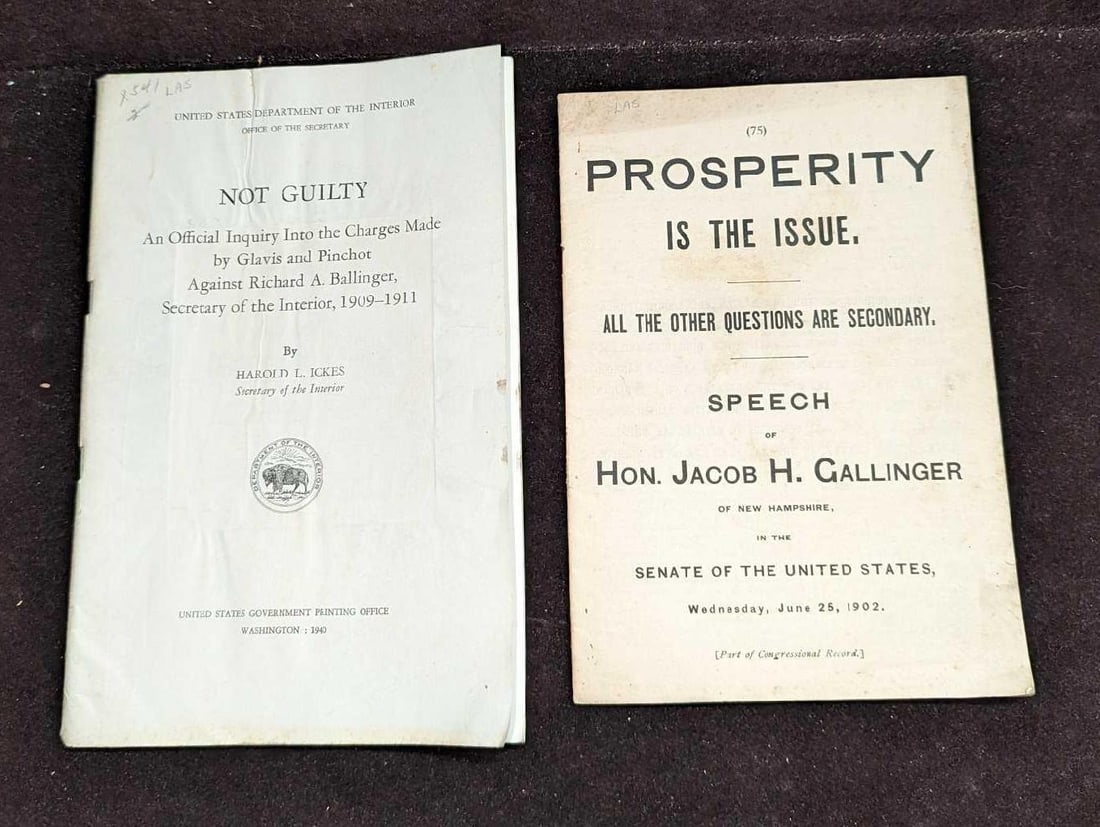 Antique Prosperity Is The Issue & Not Guilty Booklets: Antique Prosperity Is The Issue & Not Guilty Booklets. This lot includes: (1) Prosperity Is The Issue - All The Other Questions Are Secondary- Speech Of Hon. Jacob H. Gallinger. June 25, 1902. Thi