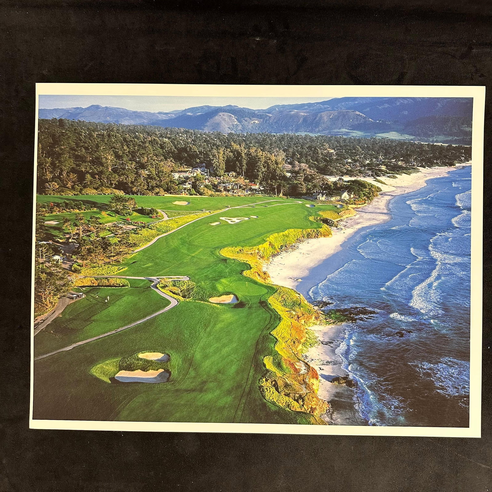 Pebble Beach Golf Links Coastal Aerial Photograph Print California Golf Course: Vivid color aerial photograph print of Pebble Beach Golf Links in California, showcasing the famous coastal fairways along the Pacific Ocean. Professionally printed on thick photo stock paper with a c